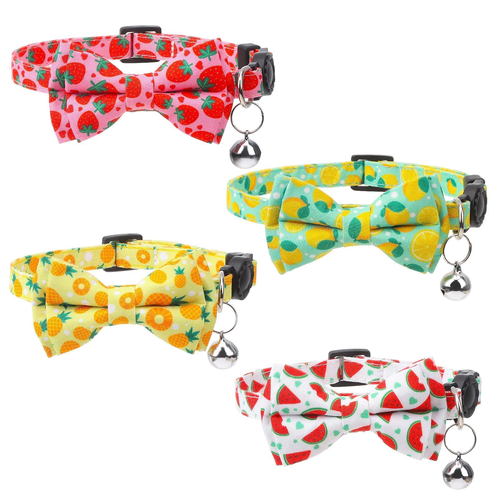 Paquete de 4 collares de gato con pajarita y campana, collar de gato, collar de gato, collar de gato, collar de gato de frutas, collar de gatito, collar de seguridad ajustable para primavera