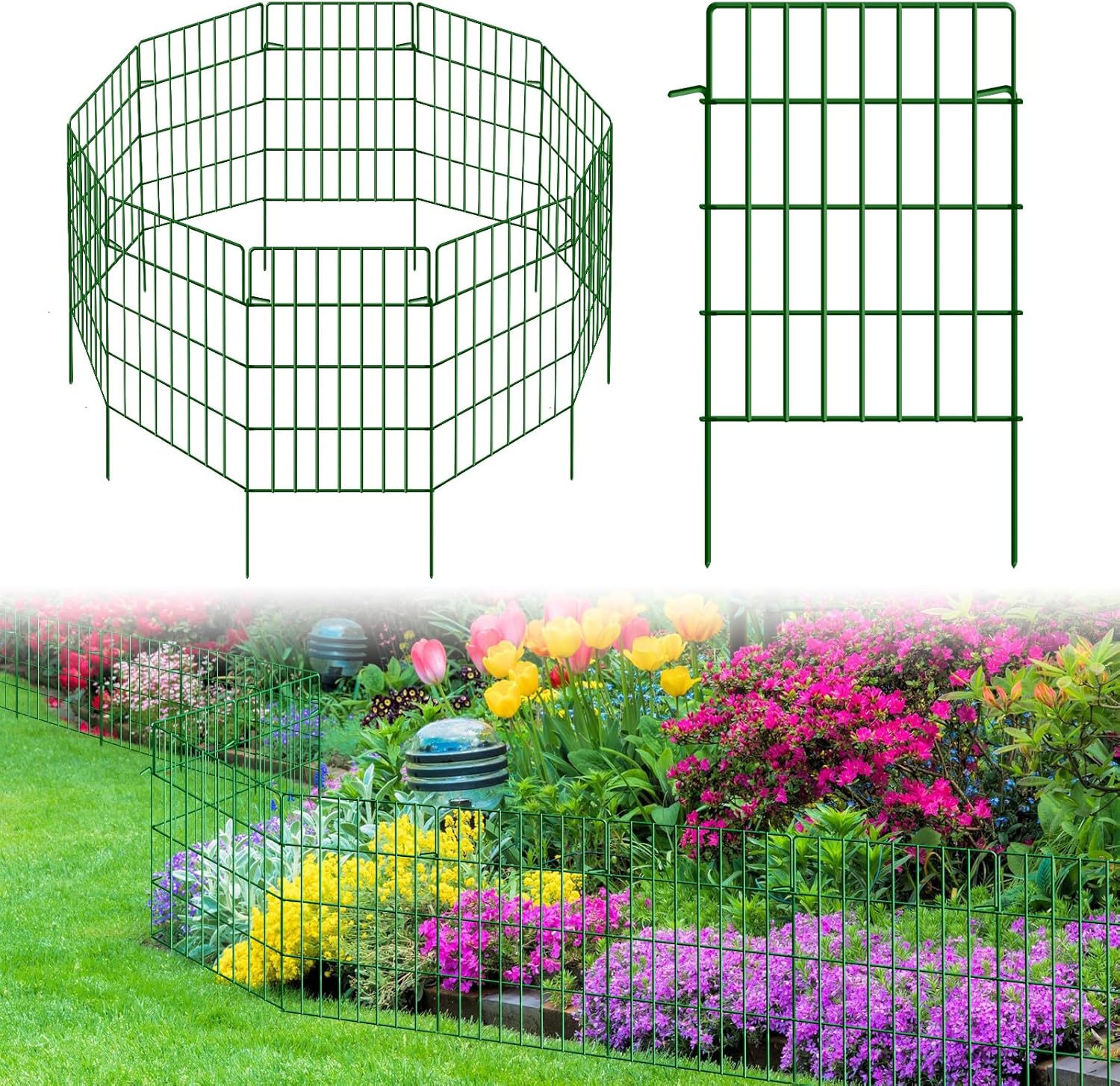 25 Pack Decorative Garden Fence Total 27ft (L) x 24in (H) 1.44" Gap Metal Wire Rustproof Small Animal Barrier Fence Easy Assembly Patio Yard Seedlings Protection Fencing Border Green 25 pack - 17in(H) x 27ft(L) Green
