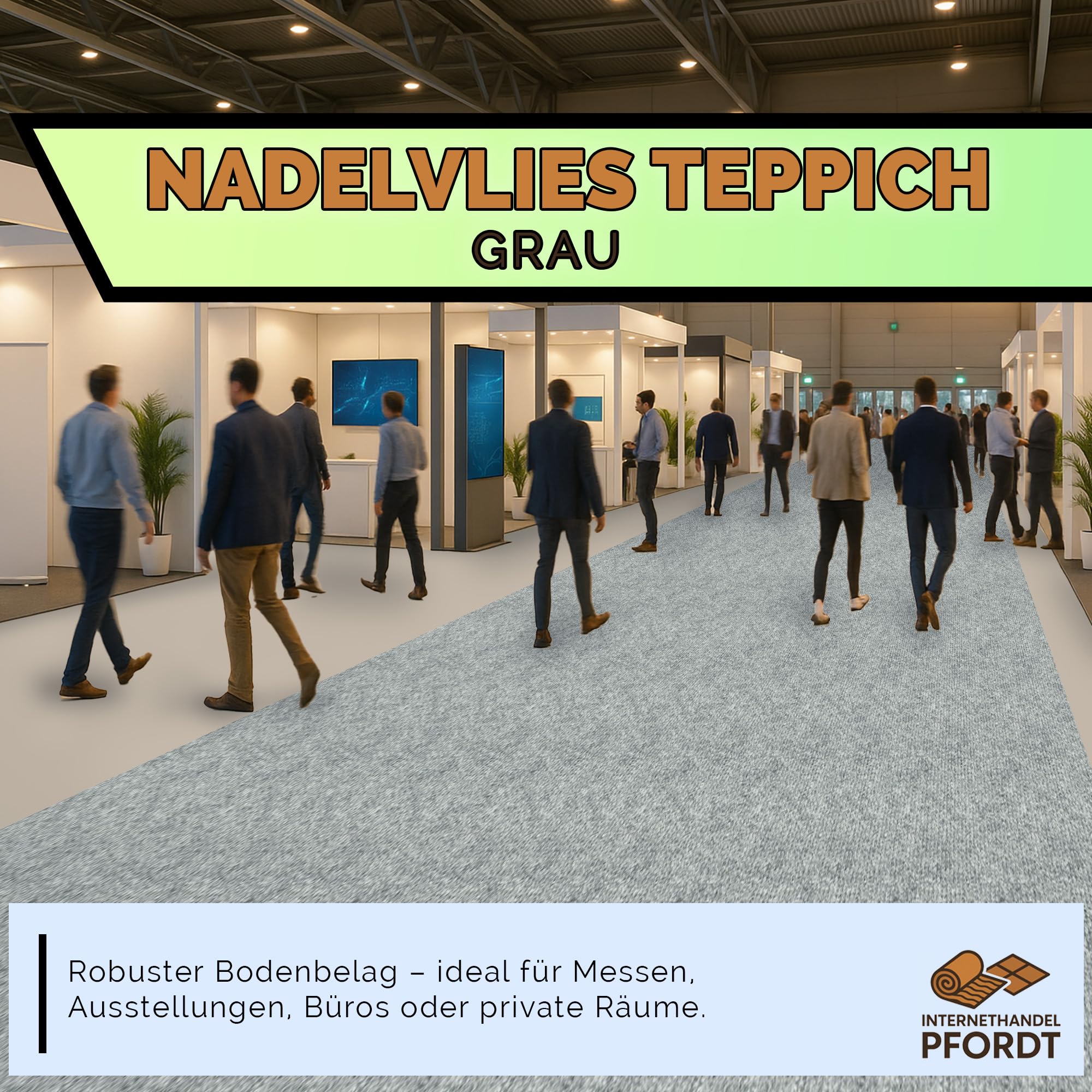 Teppichboden Nadelfilz Grau, 500x200 cm, robuster Nadelvlies Bodenbelag, Meterware für Wohnbereiche, Ausstellungen und Messen