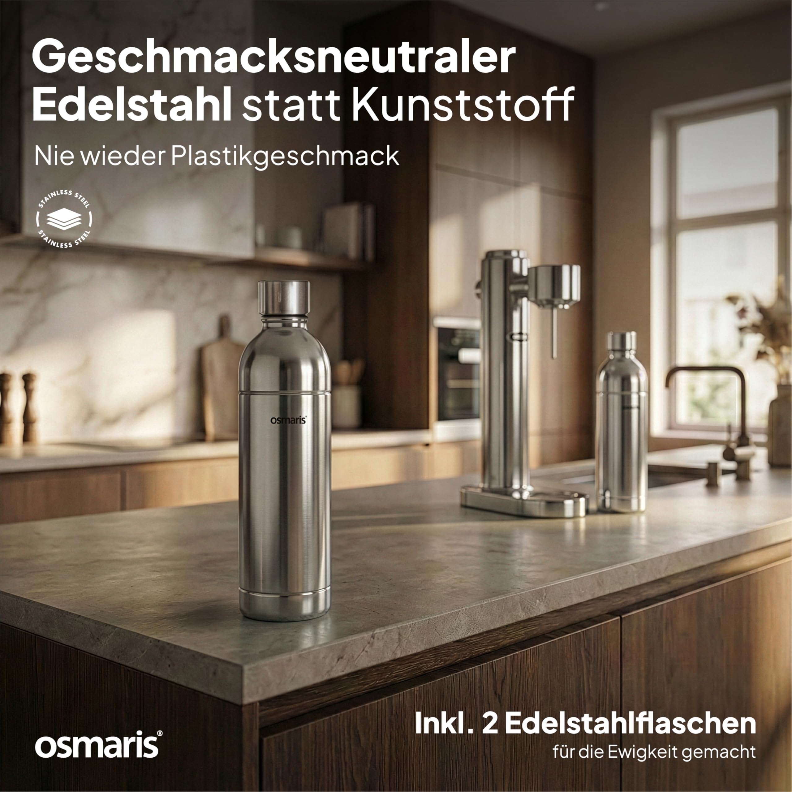 Wassersprudler aus hochwertigem Edelstahl - Design Soda Maker inkl. 2x 1,1 L Edelstahlflaschen - geschmacksneutral & 100% dicht - Sprudelwasser Maschine mit Druckablassventil für moderne Küchen