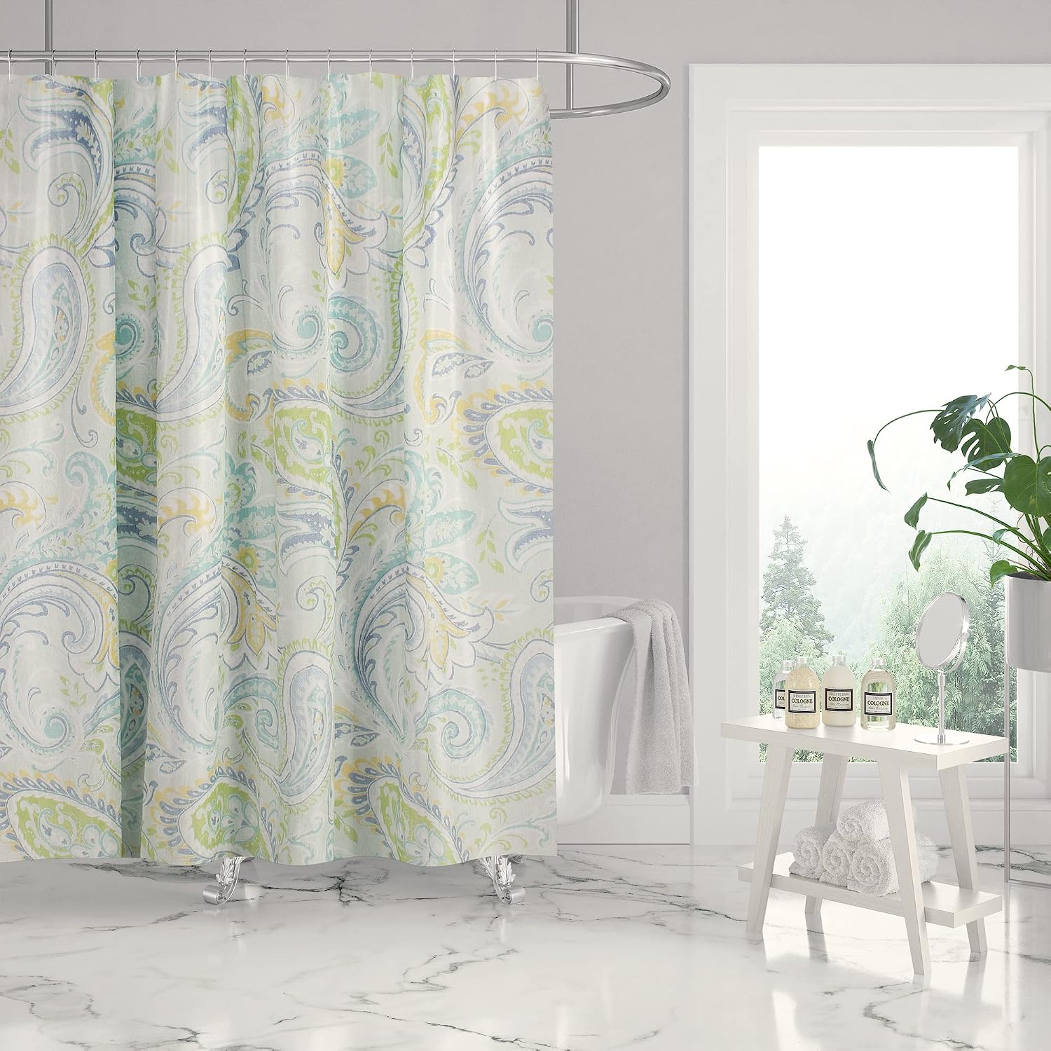 Levtex Home - Cortona Paisley - Shower Curtain (72x72in.) with Button Holes - Boho Floral in Orange Teal Red Blue - Black, Fuchsia, Purple, Orange, Blue and Yellow - Cotton Fabric