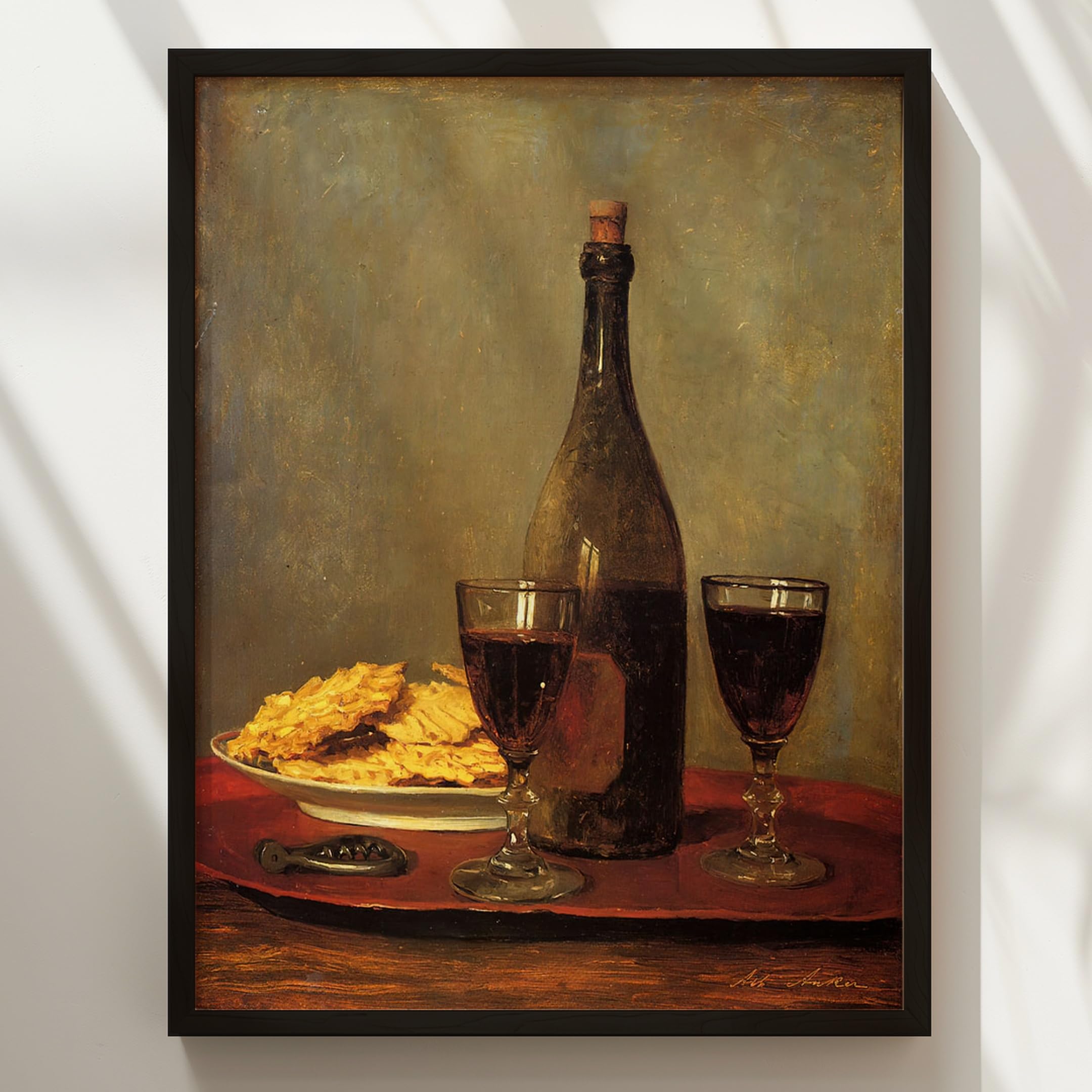 WallBUddy Wein und Cracker Stillleben | Klass (30 x 40 cm, Schwarz gerahmt)