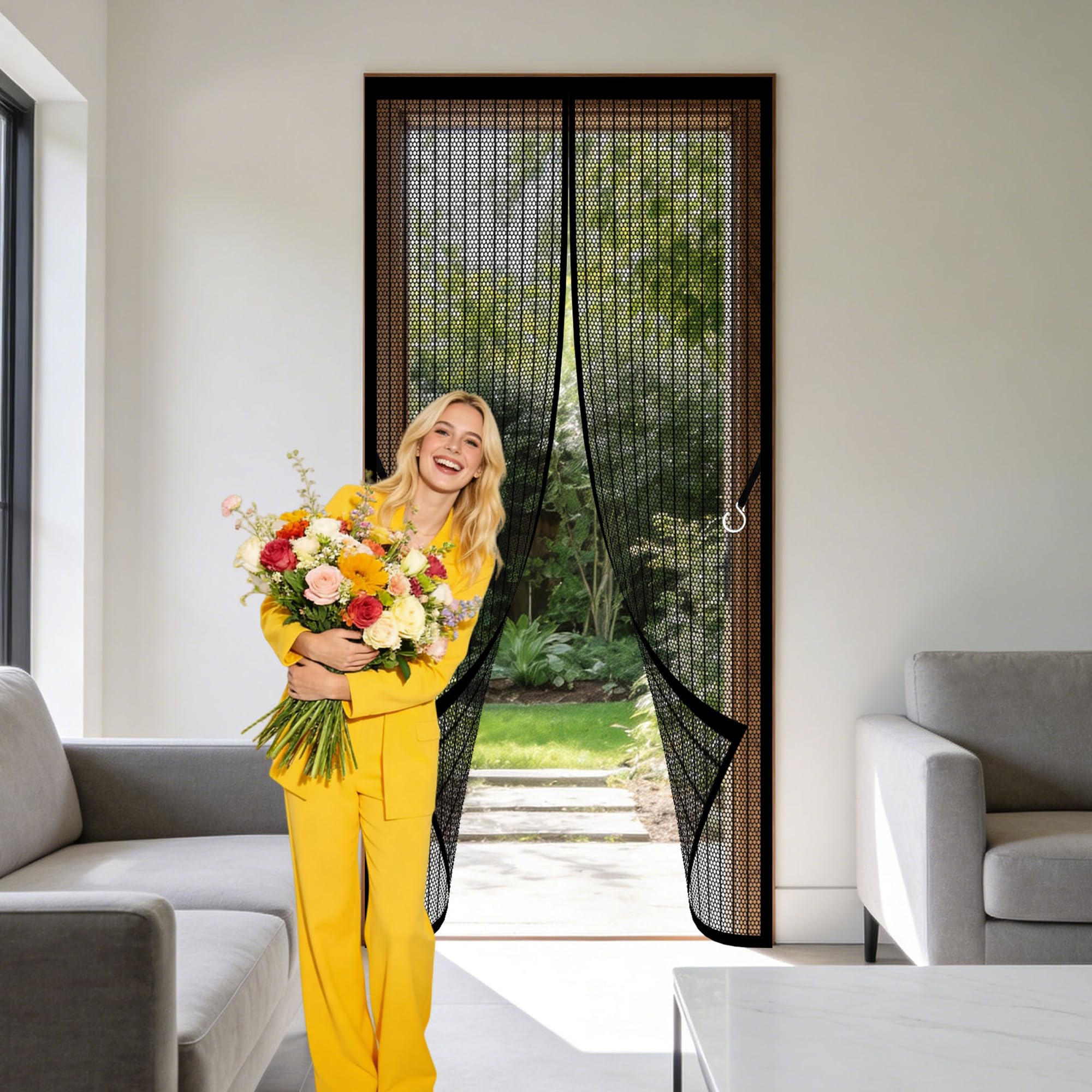 Fly Screen for Doors 121 x 183 cm Hands Free Closing Door Fly Screen Keep Bugs Out Lets Fresh Air for Home, Bedroom, Living Room, Kitchen, Patio, Black