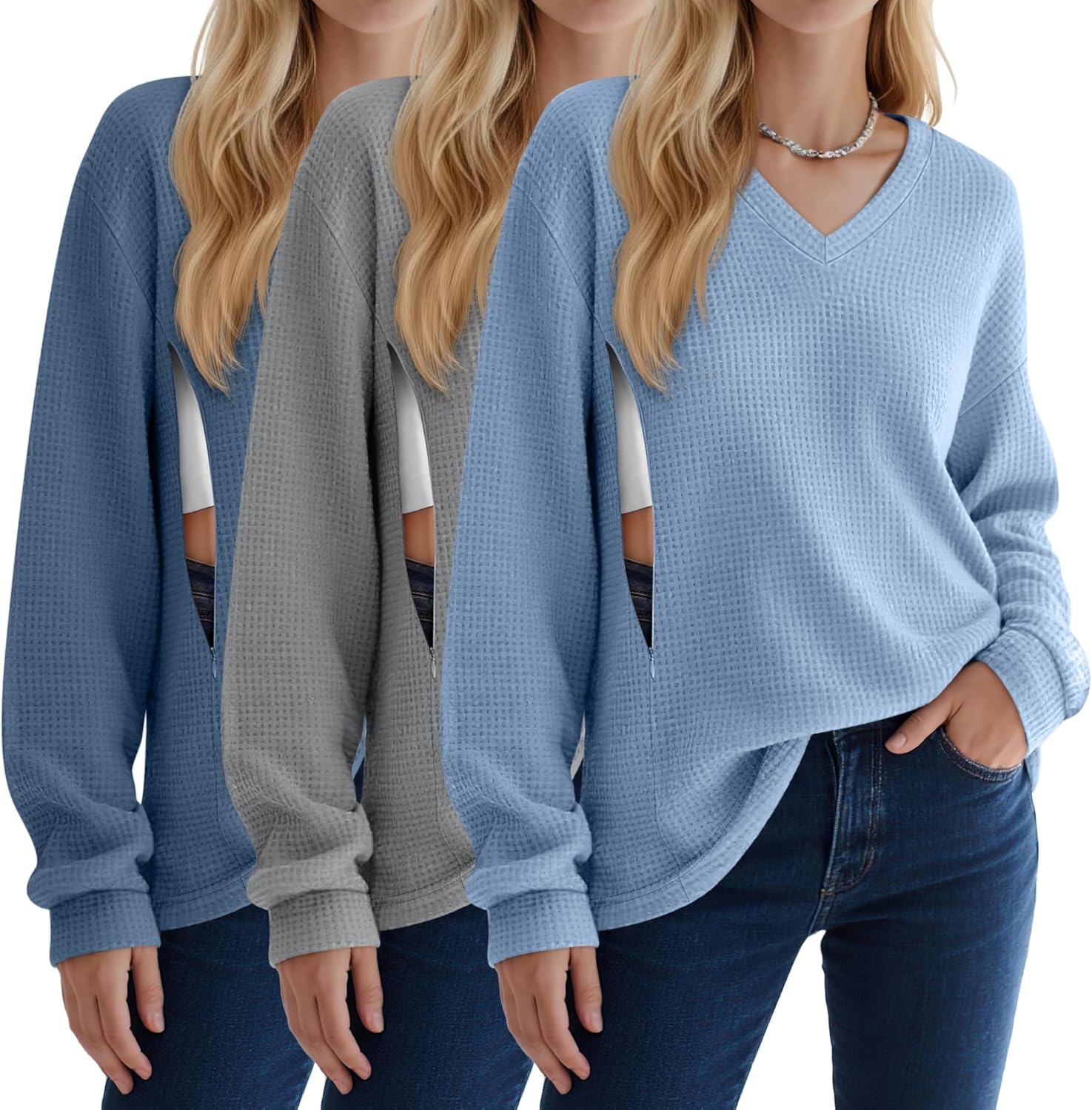 3 Pack Women's Oversized Nursing Tops Waffle Knit V Neck Breastfeeding Long Sleeve ...