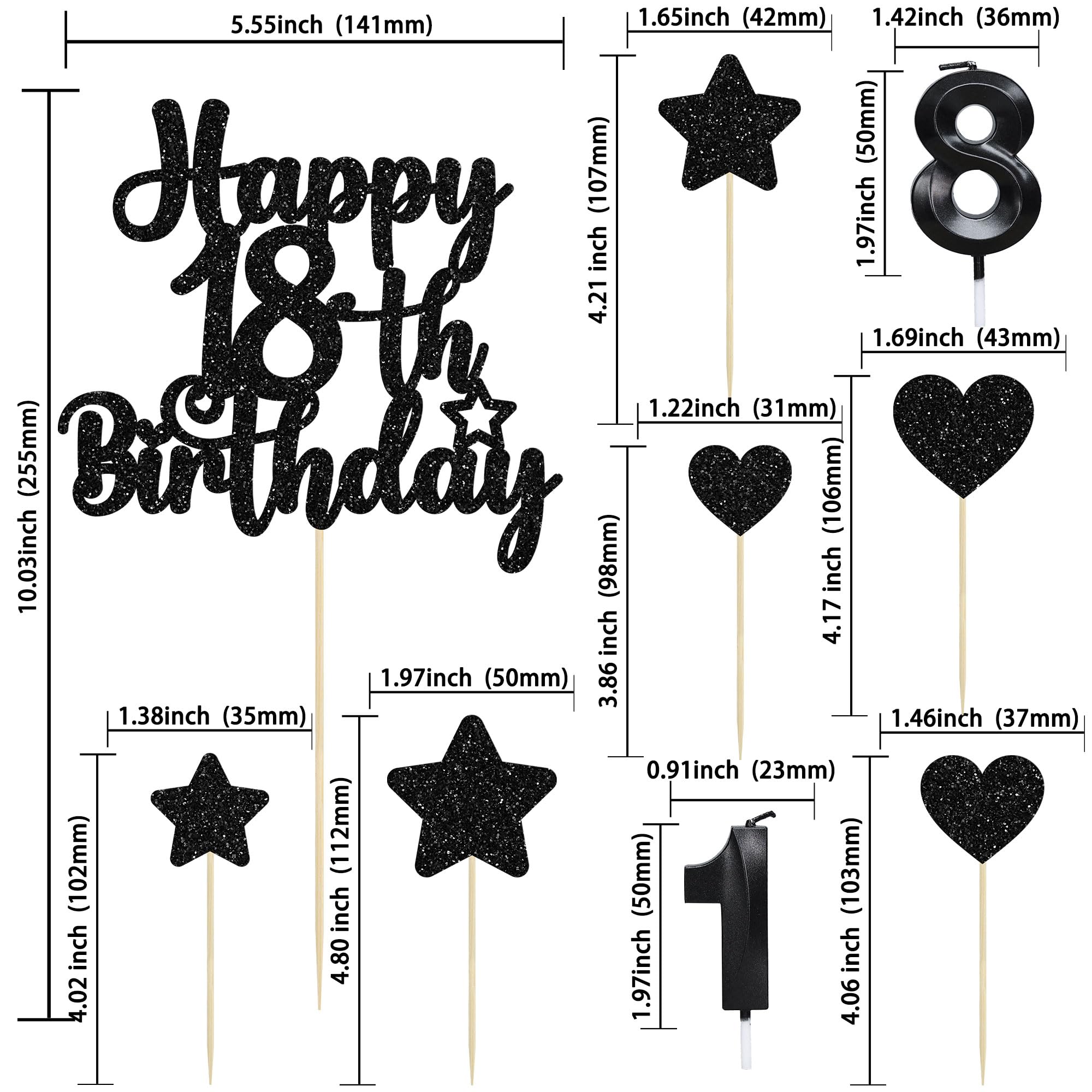 Gyufise 15Pcs Happy 18th Birthday Cake Topper Set with Heart Star Glitter Cheers to 18 Years Cake Picks Number 18 Candles Cake Decorations for Happy 18th Birthday Anniversary Party Supplies Black - Image 2