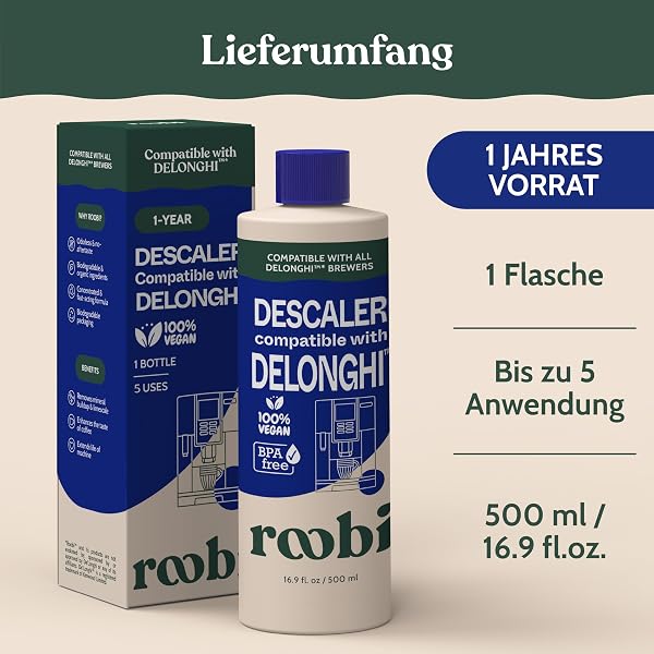 Roobi Entkalkungslösung für Kaffeemaschinen kompatibel mit DeLonghi. Konzentrierte Formel, umweltfreundlich, geruchsfrei. 1 Flasche für 5 Anwendungen. - 4