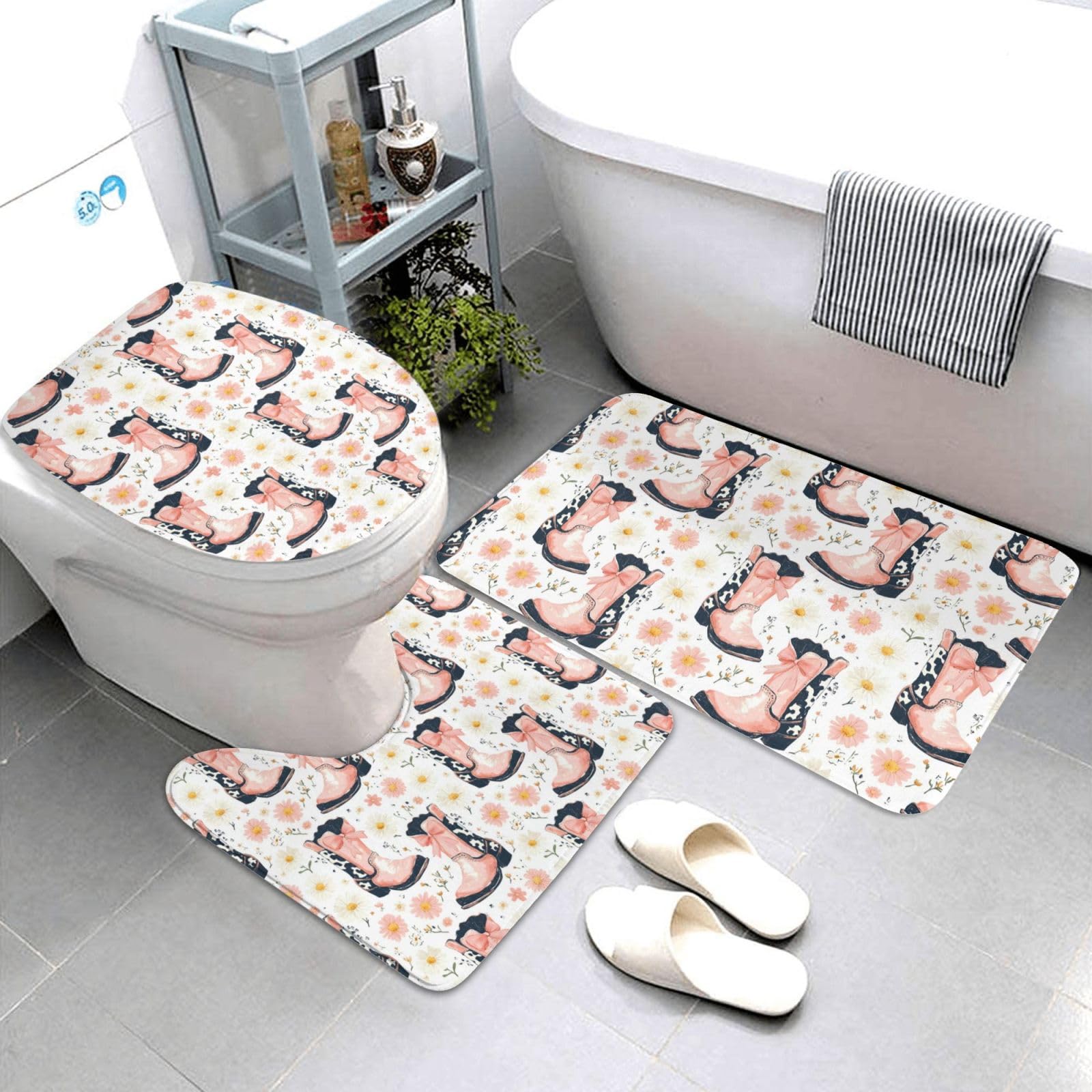 Tapis de salle de bain lot de 3 avec motif bottes et contour U