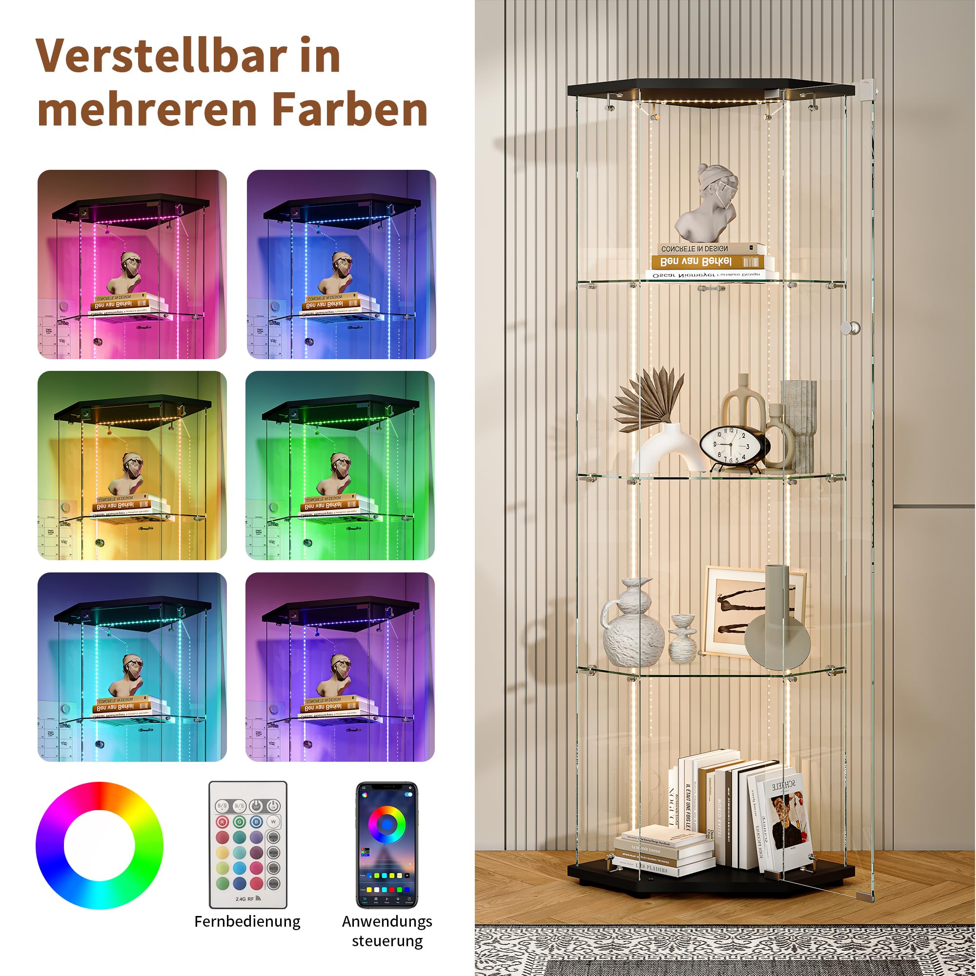 Vitrina de esquina con LED, vitrina de cristal de esquina, vitrina coleccionable con puerta, vitrina de cristal de 5 capas, resistente al polvo, para coleccionables, libros, vino, para salón