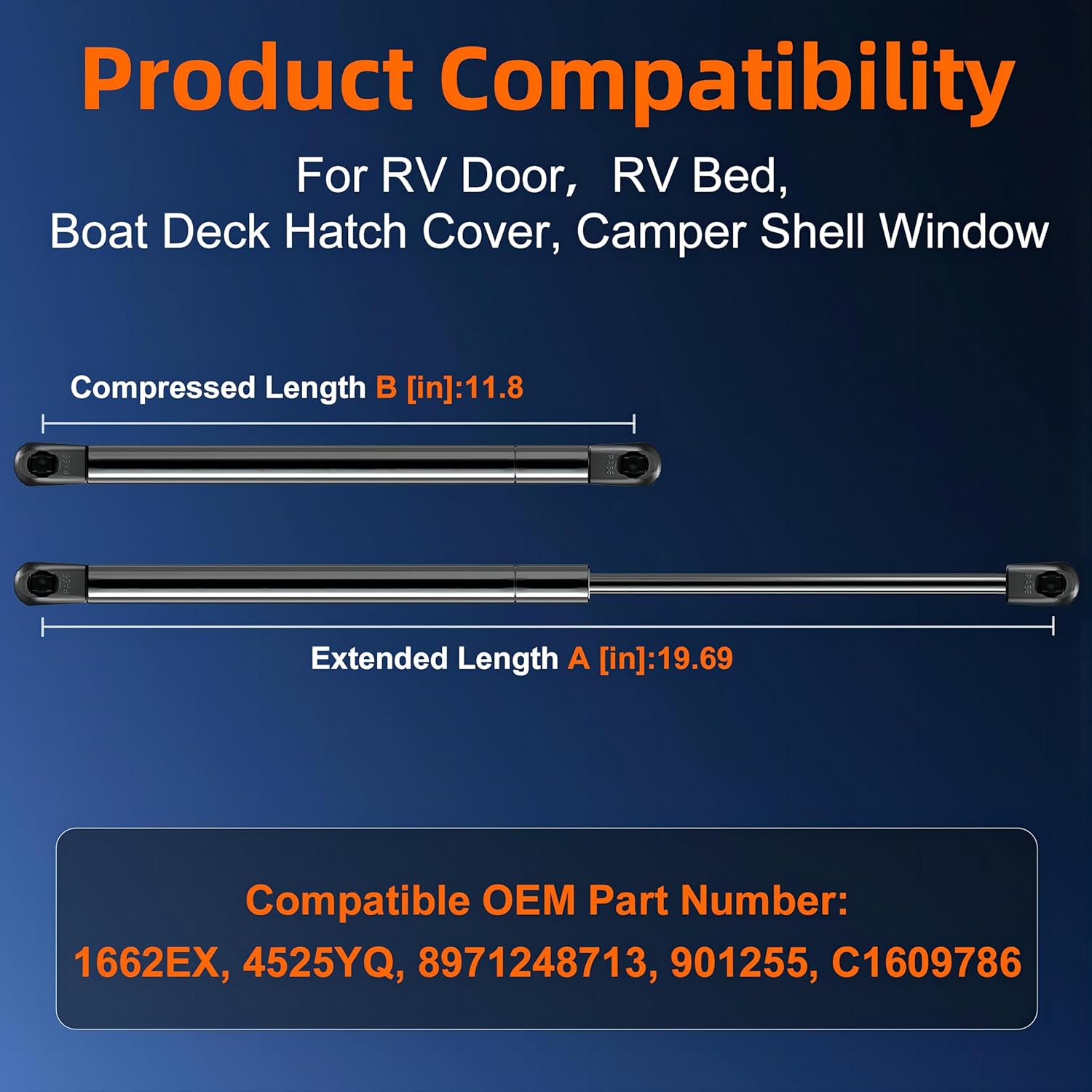 Qty (2) C16-09786 20in Gas Strut Spring - 30lb/134N - Gas Prop Shock Lift Support for GSNI-5300-30 Boat Engine Hatch Cover, RV Door A.R.E. Camper Shell Topper, RV Trailer Door, RV Bed Lift