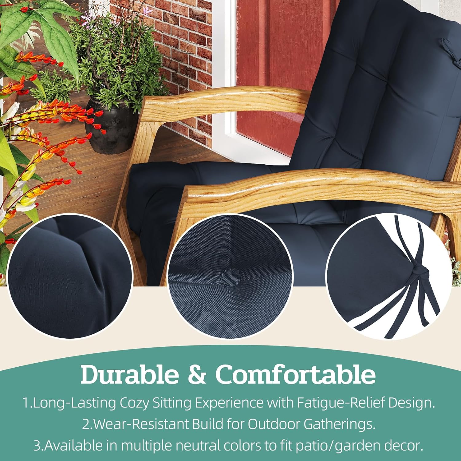 Outdoor Chair Cushions Set of 2, 42x21x4 Inch Patio Cushion for Dining/Rocking Chairs, High Back Soft Seat Pad with Ties, Indoor Outside Use, Fade-Resistant & Waterproof, Dark Blue