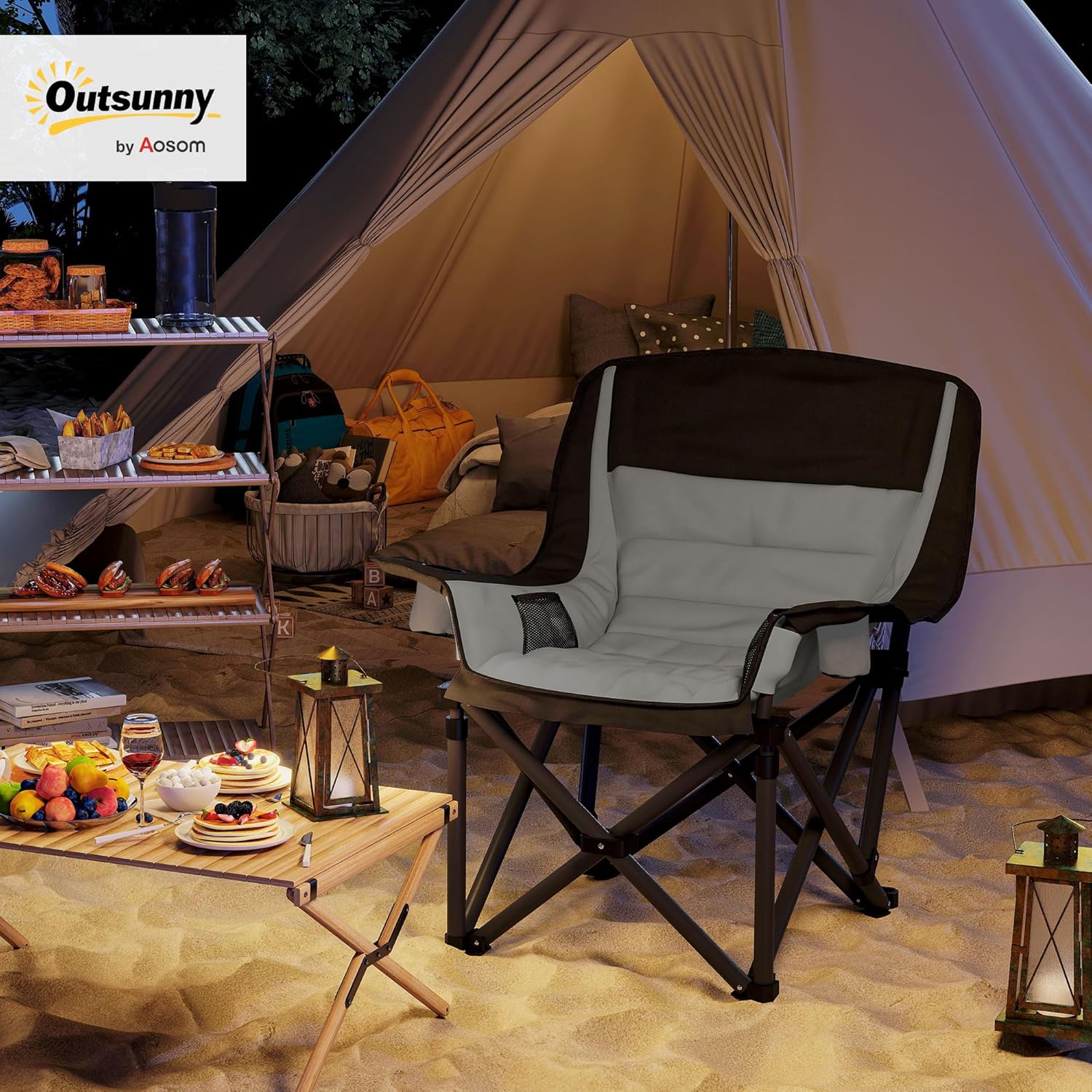 Outsunny Double Camping Chair for Adults, Padded Folding Camp Chair for 2 Person with Armrest, Wine Glass Holder, Cup Holder, Carry Bag for Outdoor Sports, Picnics, Supports up to 552 lbs.