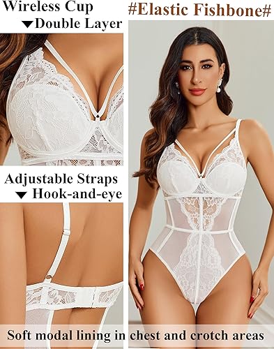 Miniatura 3 de Avidlove Lencería sexy para mujer de encaje, cuello en V, entrepierna a presión, body de una pieza, babydoll inalámbrico