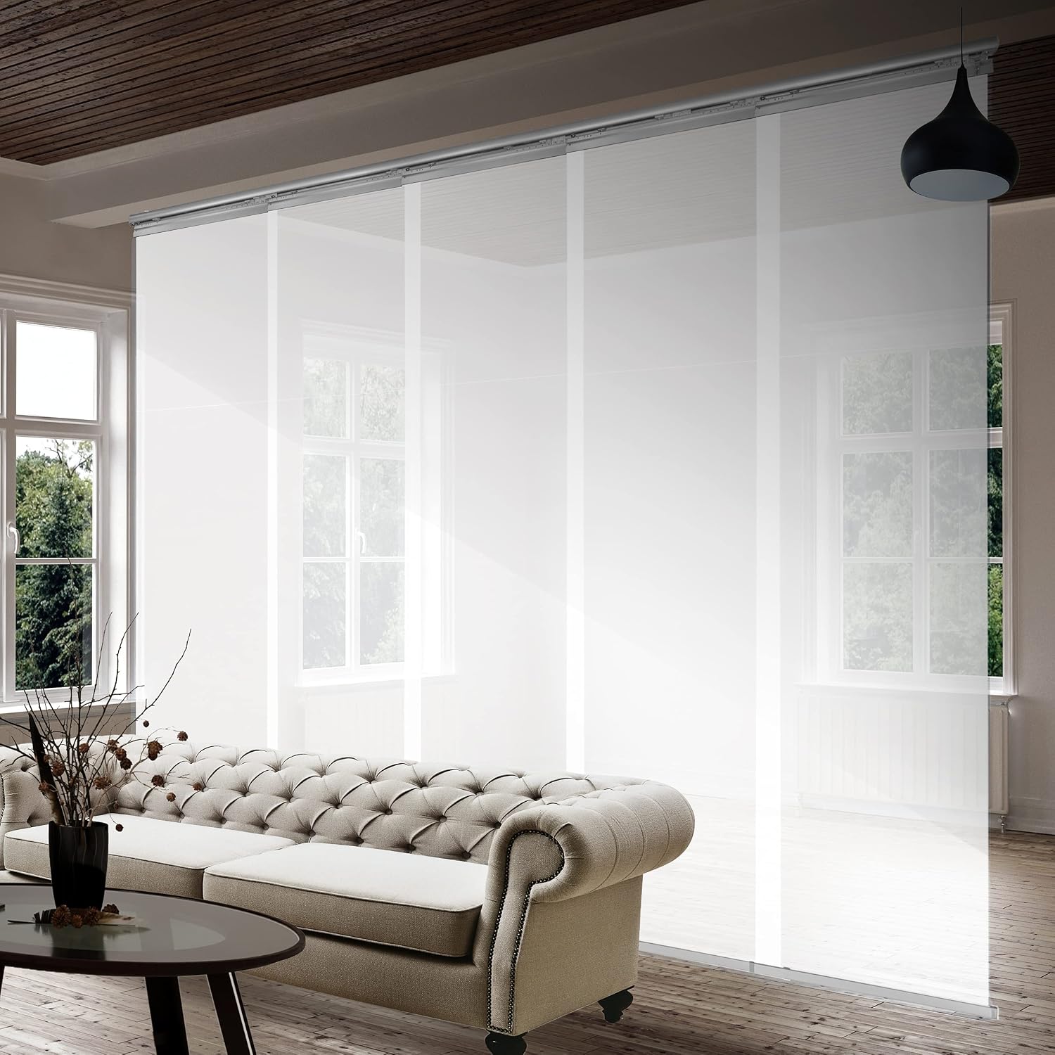 A&F Rod Décor - Woven White 5-Panel Single Rail Panel Track Extendable 58"-110" W x 94" H, Panel Width 23.5"