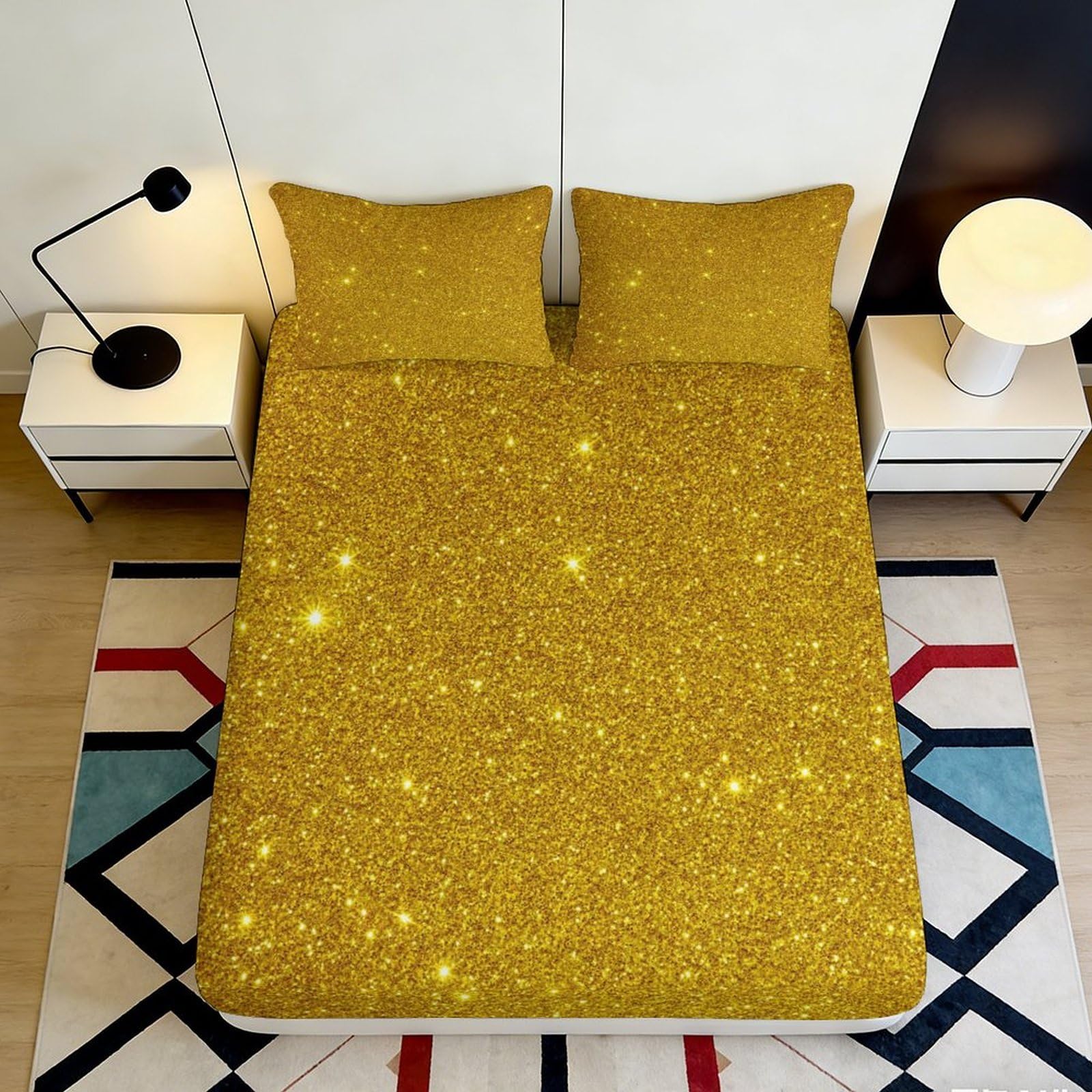 3D Printed Glitter Gold Fitted Sheet Microfiber Shimmer Sparkle Mattress Cover Anti-Slip Bed Protection for Bedroom Guest Room Decor 90x200x25cm