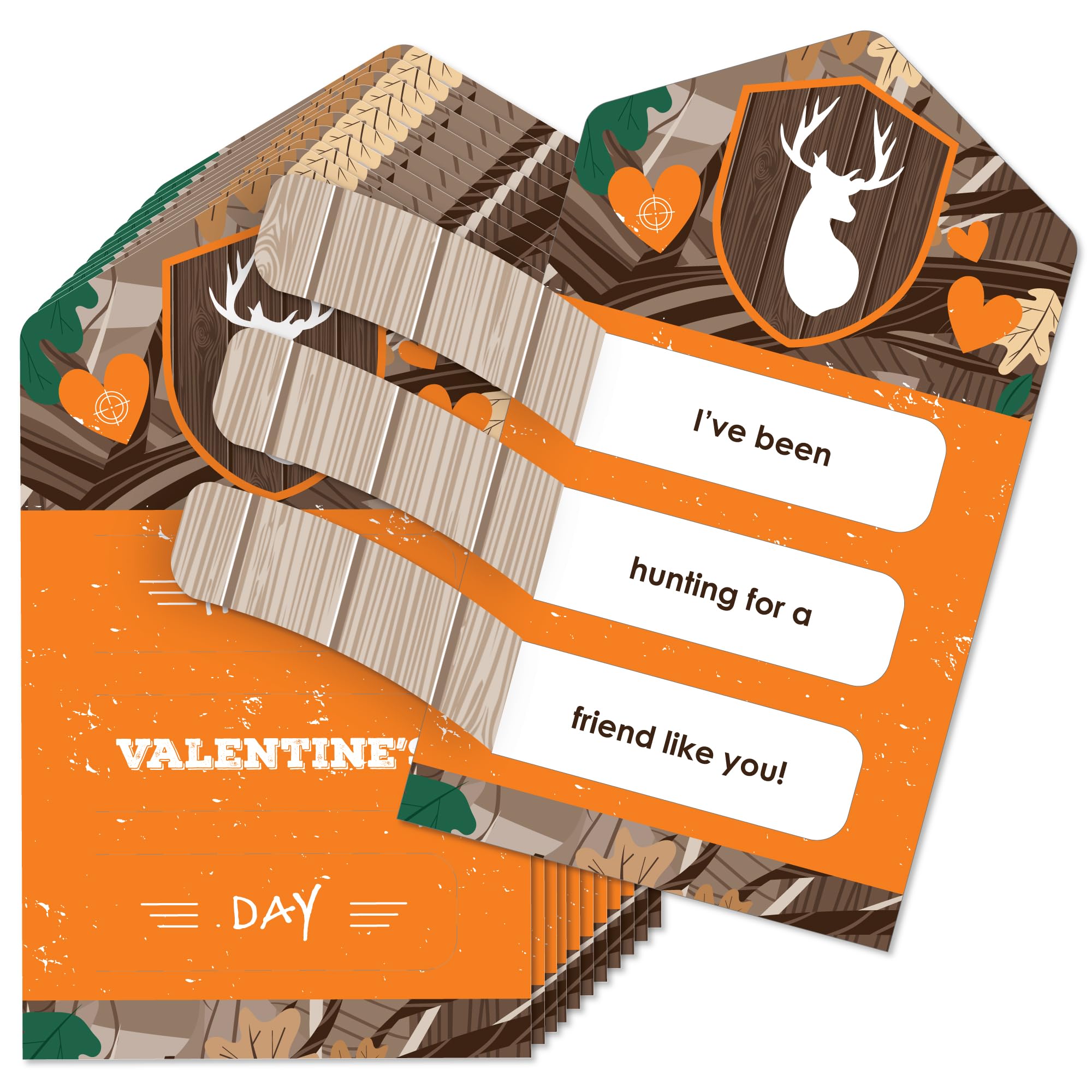Big Dot of Happiness Gone Hunting - Deer Hunting Camo Cards for Kids - Happy Valentine’s Day Pull Tabs - Set of 12