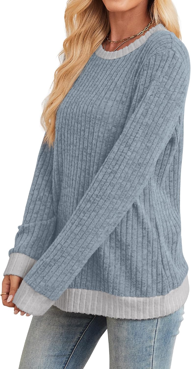 Sampeel Womens Tops Long Sleeve Shirts Lightweight Sweaters Loose Fit Crewneck Color Block Fall Fashion Outfits - Image 3