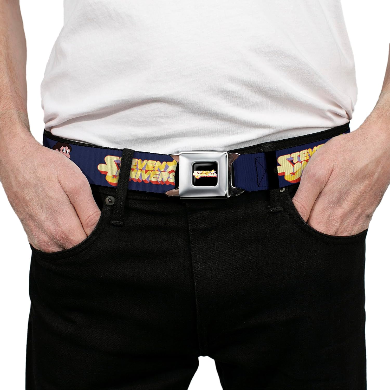 Warner Bros. Animation Belt, Seatbelt Buckle Belt, Steven Universe Sitting Pose and Title Logo Navy Blue, Adjustable
