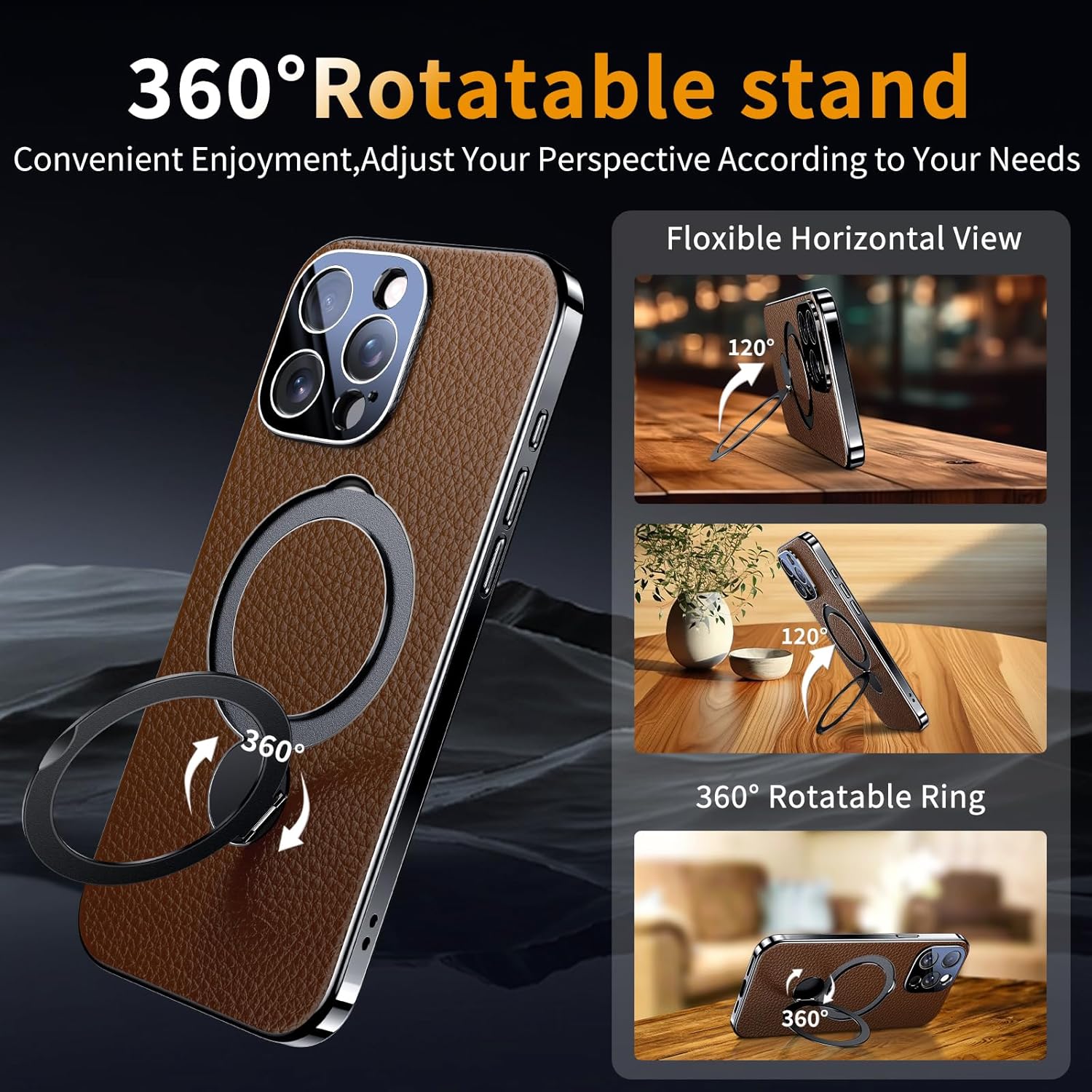 for iPhone 15 Pro Case, Genuine Leather Case for 15 Pro, Wireless Charging Compatible, Heavy-Duty Protection Brown