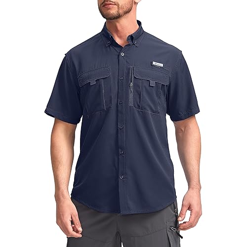 Pudolla Men's Fishing Shirts with Short Sleeves, Summer Travel Work Shirts, Button Down with UPF50+ and Zipper Pockets