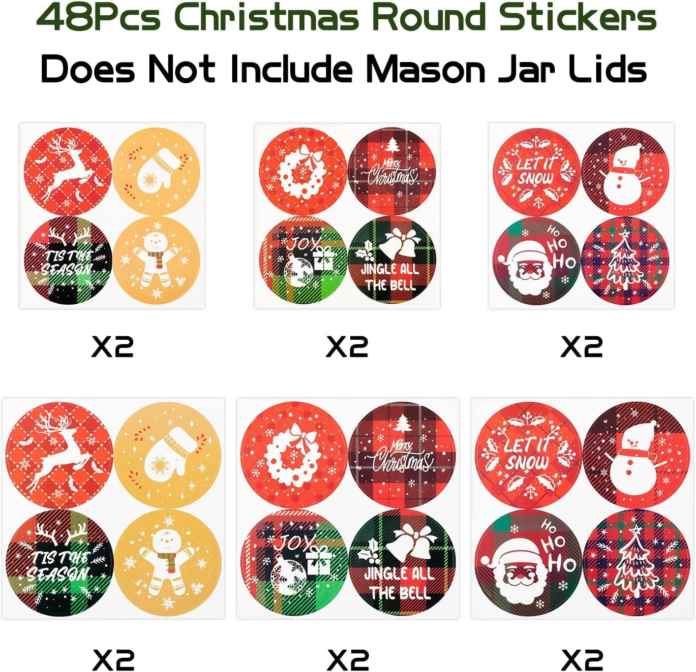 Haooryx 48Pcs Christmas Mason Jar Canning Lid Stickers for Christmas Tree Decorations, Round Self-adhesive Stickers for Metal Bottle Jar Lid Tree Hanging Decor Farmhouse Xmas Party Supplies (2 Size)