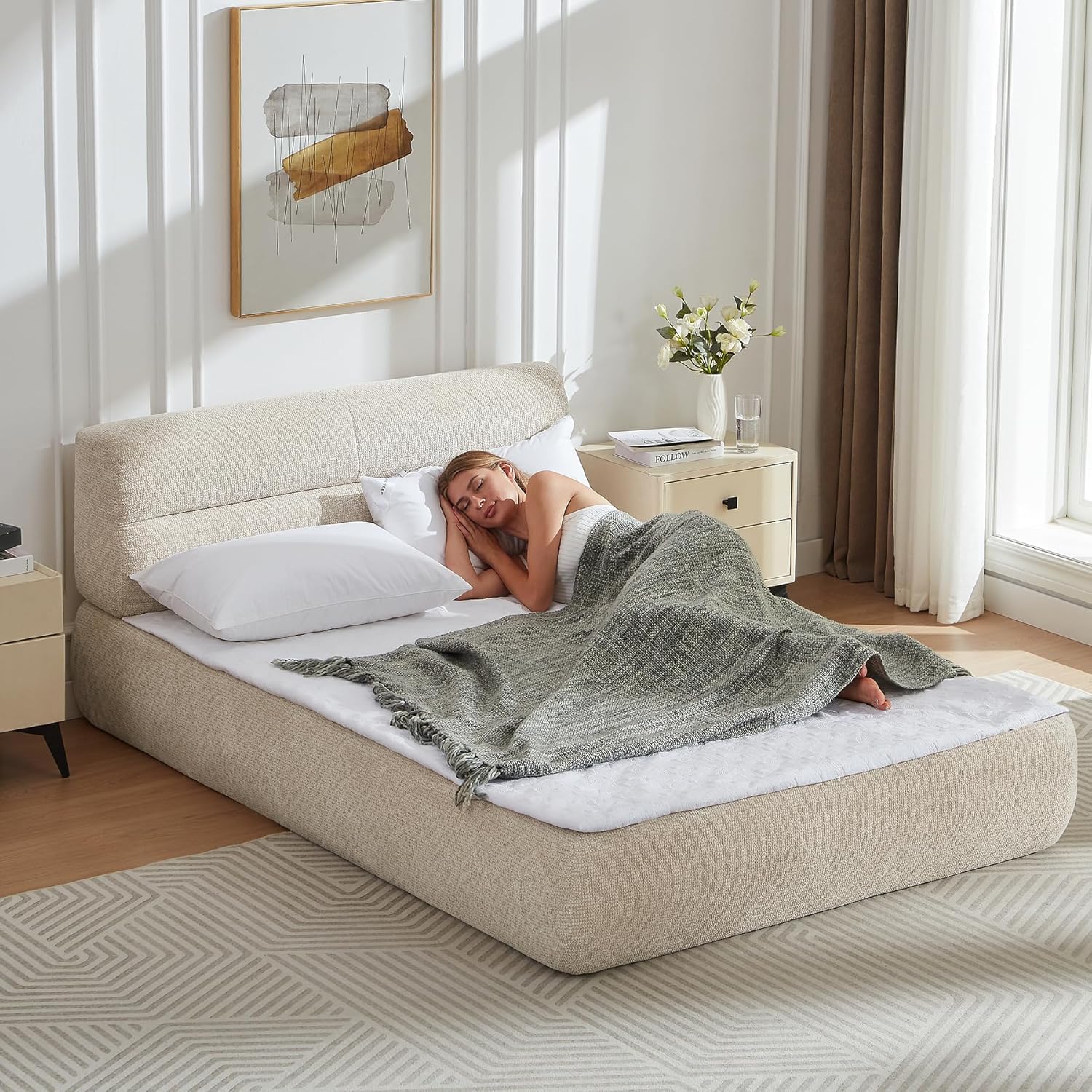 2-in-1 Queen Size Upholstered Platform Bed with Headboard, Modern Floor Bed Queen, Compression Bed, No Assembly Required, 13.4" Low Profile Bed Frame, Chenille Fabric Mattress Alternative,Light Khaki