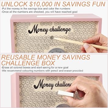 10000 Savings Challenge Box with Lock, Large Wooden 10k Money Saving Box Saver 10,000 Reusable Coin Money Challenge Cash Vault Savings Box Tracker Piggy Bank for Adults Kids, Pink