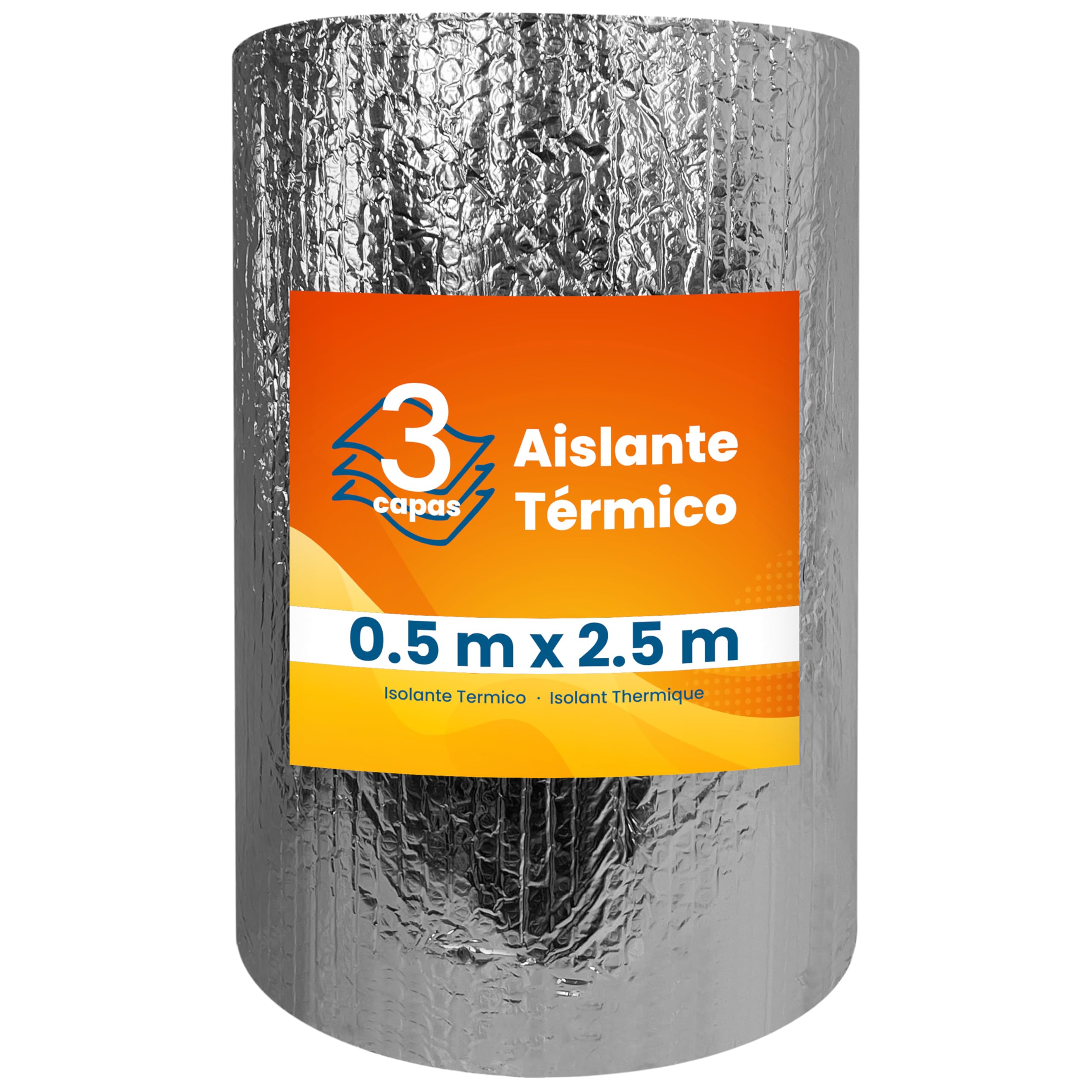 Aislante Térmico Reflexivo de Aluminio y Burbujas Triple Capa 0.5x2.5 m (1.25 m²) | Ventanas, Radiadores, Cajón Persianas, Puertas, Camper, Buhardilla, Uso Industrial, Viviendas