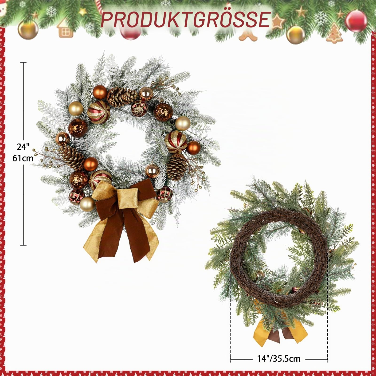 Weihnachtskranz Türkranz für Weihnachten - Brauner-Grüner Adventskranz mit Weihnachtskugeln, Beeren, Tannenzapfen und Schleife, Dekokranz Weihnachtsdeko Tischkranz, Ø 60CM