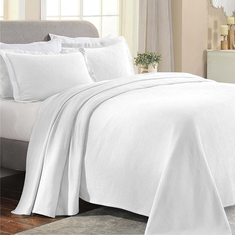 Superior Paisley Cotton 3 Piece Bedspread Set, Home Bed Decor, Decorative Textured Bed Spread, 2 Pillow Shams, Airy Blanket, Matelasse Coverlet Bedding, Vintage Floral Design, Queen, White