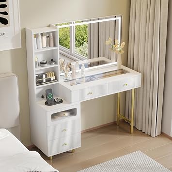 48 Fluted Makeup Vanity Desk with 36 HD Lighted Mirror, White