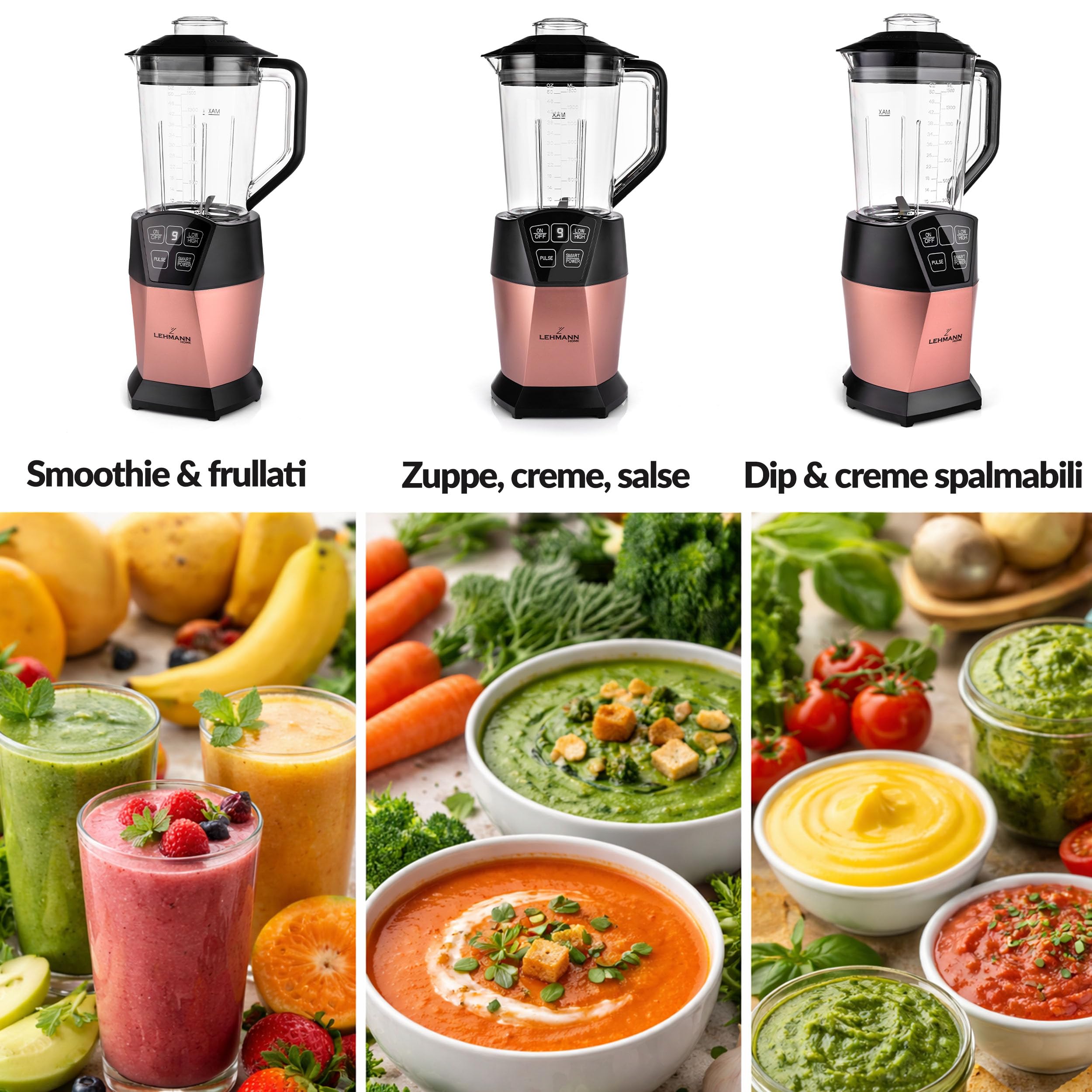 LEHMANN Frullatore Elettrico & Smoothie Maker 2-in-1, Caraffa 1500 ml e Bicchiere Portatile 800 ml, 4 Programmi, 6 Lame in Acciaio Inox, Parti Lavabili in Lavastoviglie, Potenza 1000 W, Oro Rosa