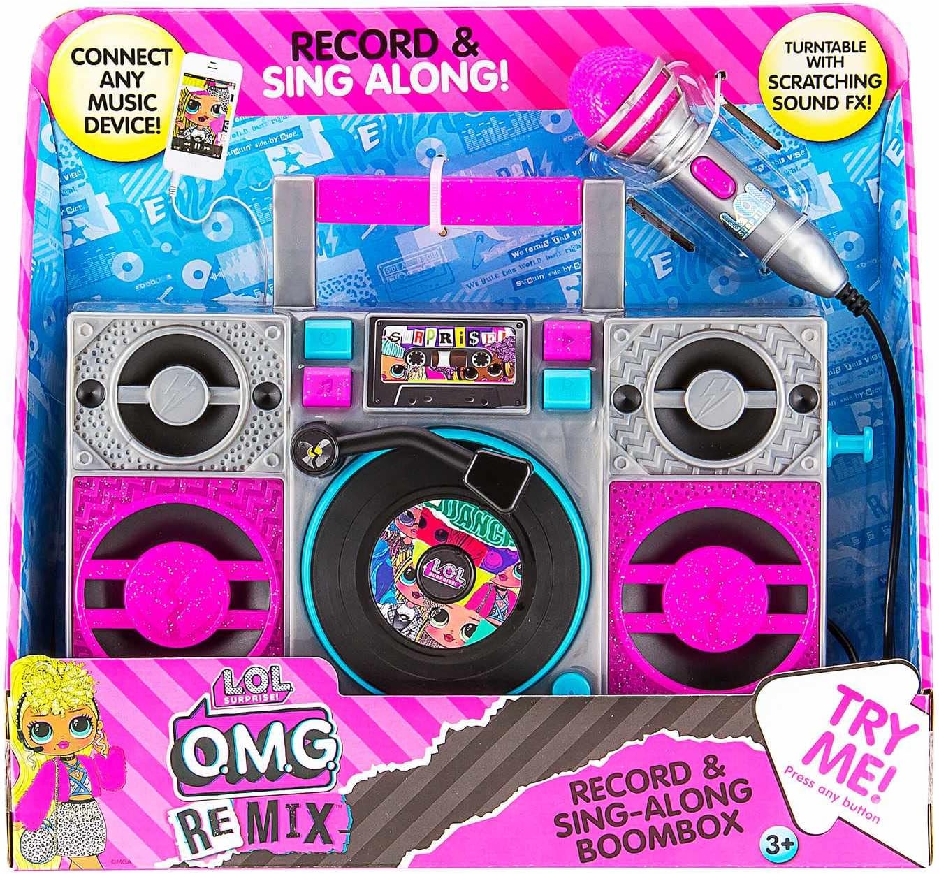 LOL SURPRISE Karaoke BoomBox in its retail packaging, showing the main unit, microphone, and features like 'Connect Any Music Device' and 'Record & Sing Along'.