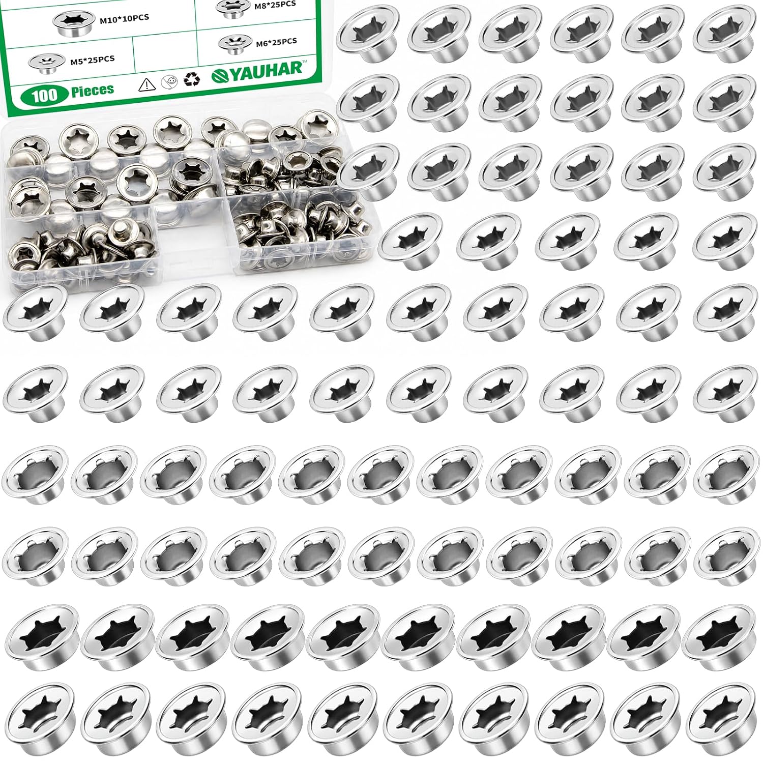 100Pcs M5 M6 M8 M9 M10 Spring Steel Push on Pushnut Cap Stud Assortment Set, Axle Fastener Nut Caps Cotter Pins Replacement for Lawn Wagons, Hand Trucks, Rolling Bins