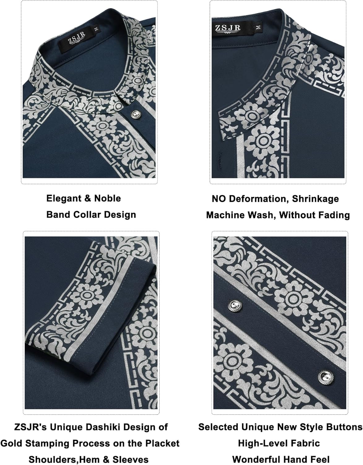 Mens African 2 Piece Set Nigerian Dashiki Metallic Traditional Suit Gold Stamp Printed Shirt and Pants Outfit - Image 5