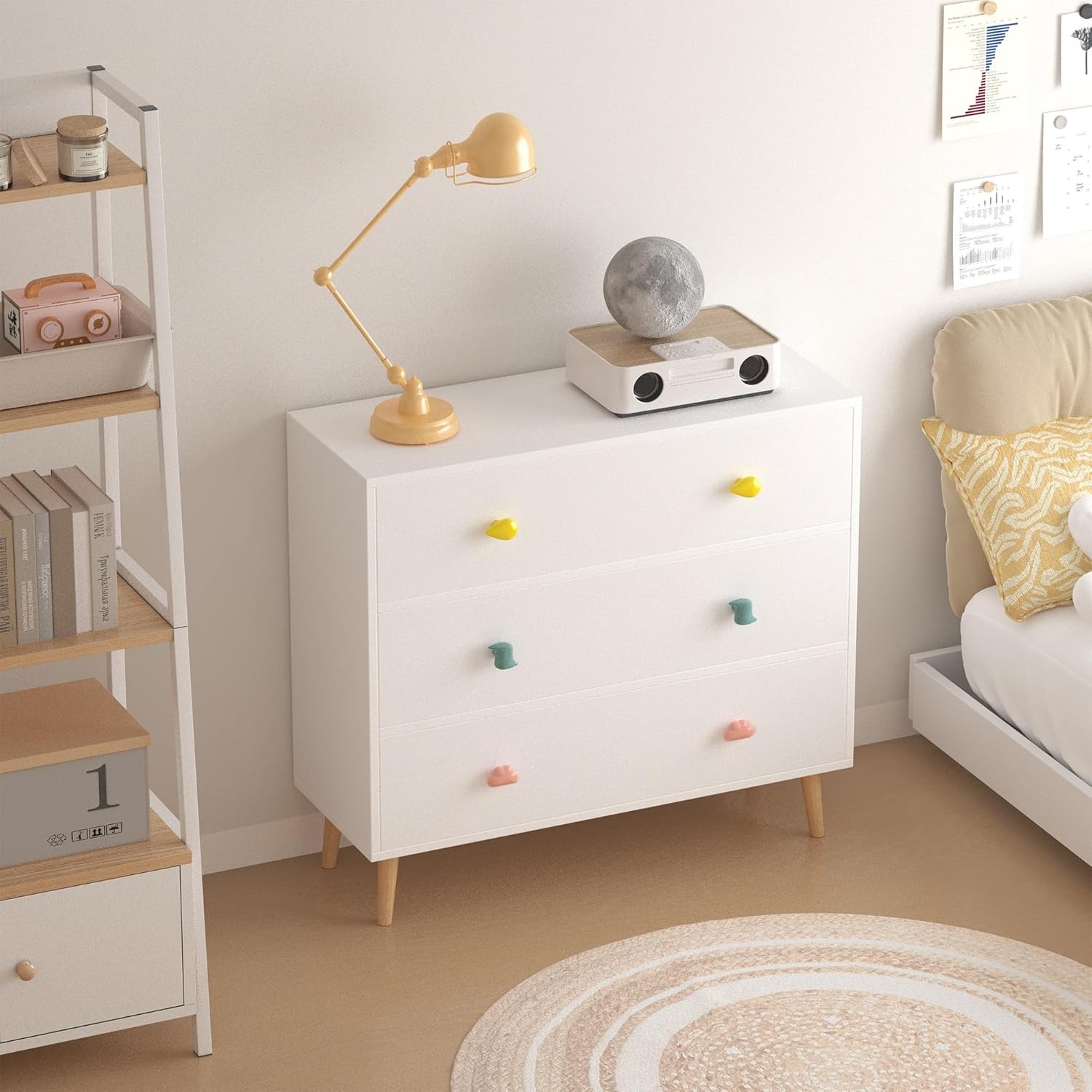 Kids 3 Drawer Dresser White Solid Wood & MDF Baby Nightstand for Bedroom Storage Cabinet for Toddler Child in Living Room Toddler Room Nursery Closet Apartment with Anti-Tip Safety Design
