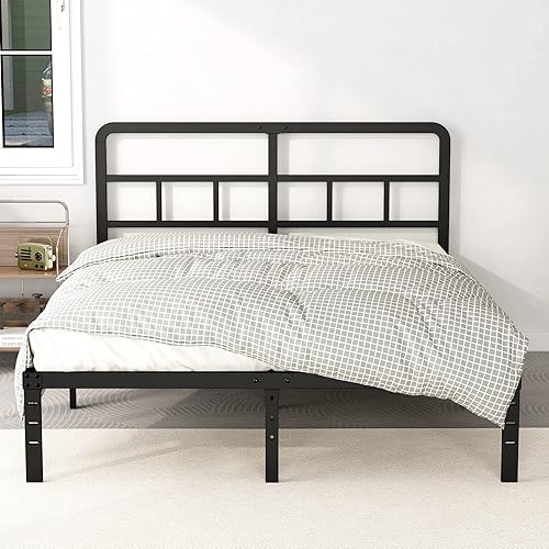 Miniatura 7 de Base de cama Queen de 14 pulgadas con cabecero, no necesita somier, plataforma de metal resistente tamaño Queen con listones de acero, base de