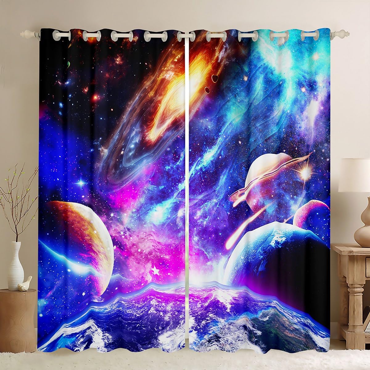 Cortinas de oscurecimiento del Espacio Exterior, para niños, Galaxia, Universo, Planeta, Cortinas para Dormitorio, Sala de Estar para niños, Juego de Cortinas de Ventana espaciadas Exteriores, tratam