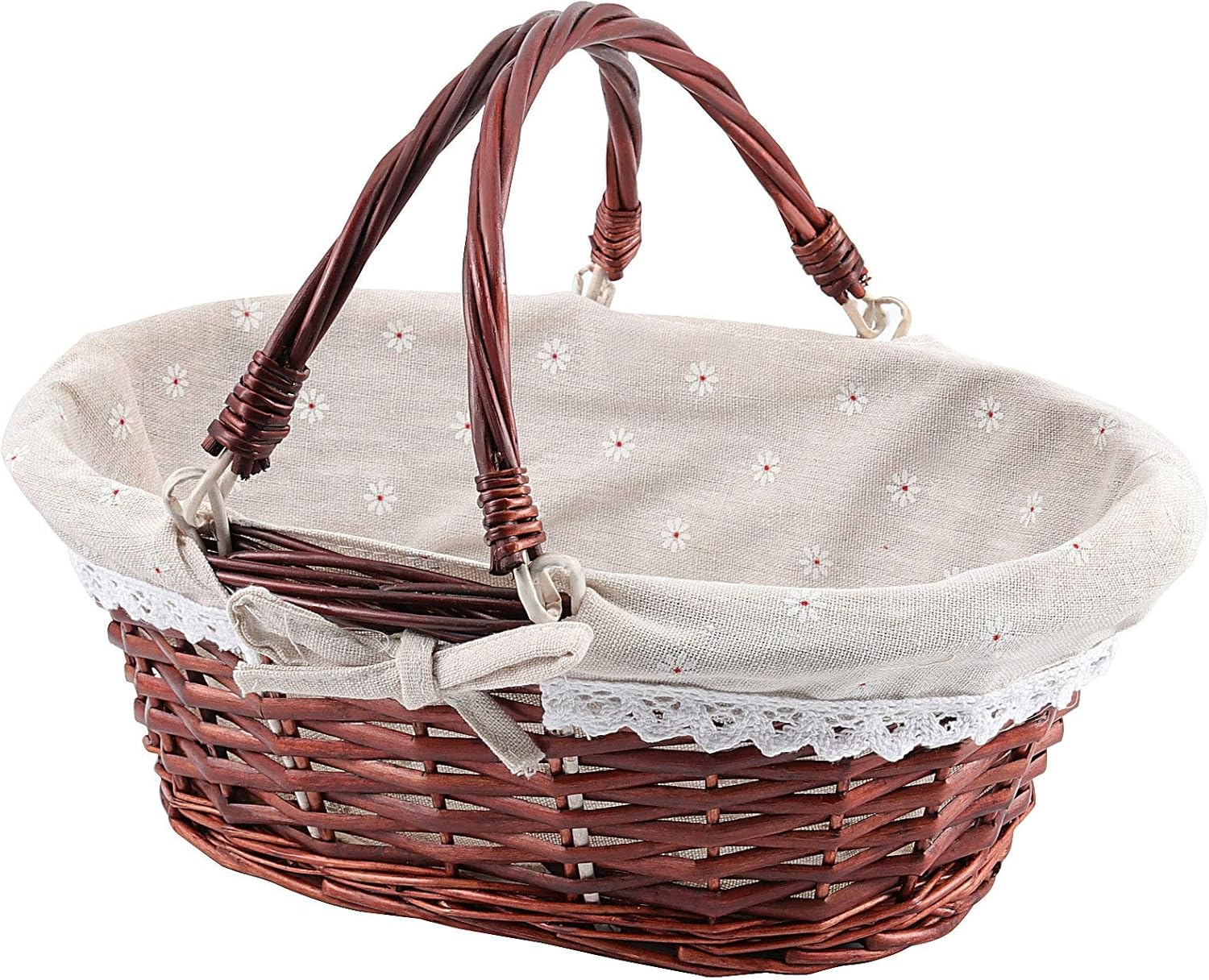 Brown Oval Wicker Woven Basket, Attractive Willow Woven Gift Basket, Fruit Picnic Easter Candy Wedding Party Decoration Serving Basket with Folding Handles and Linen Cloth Lining