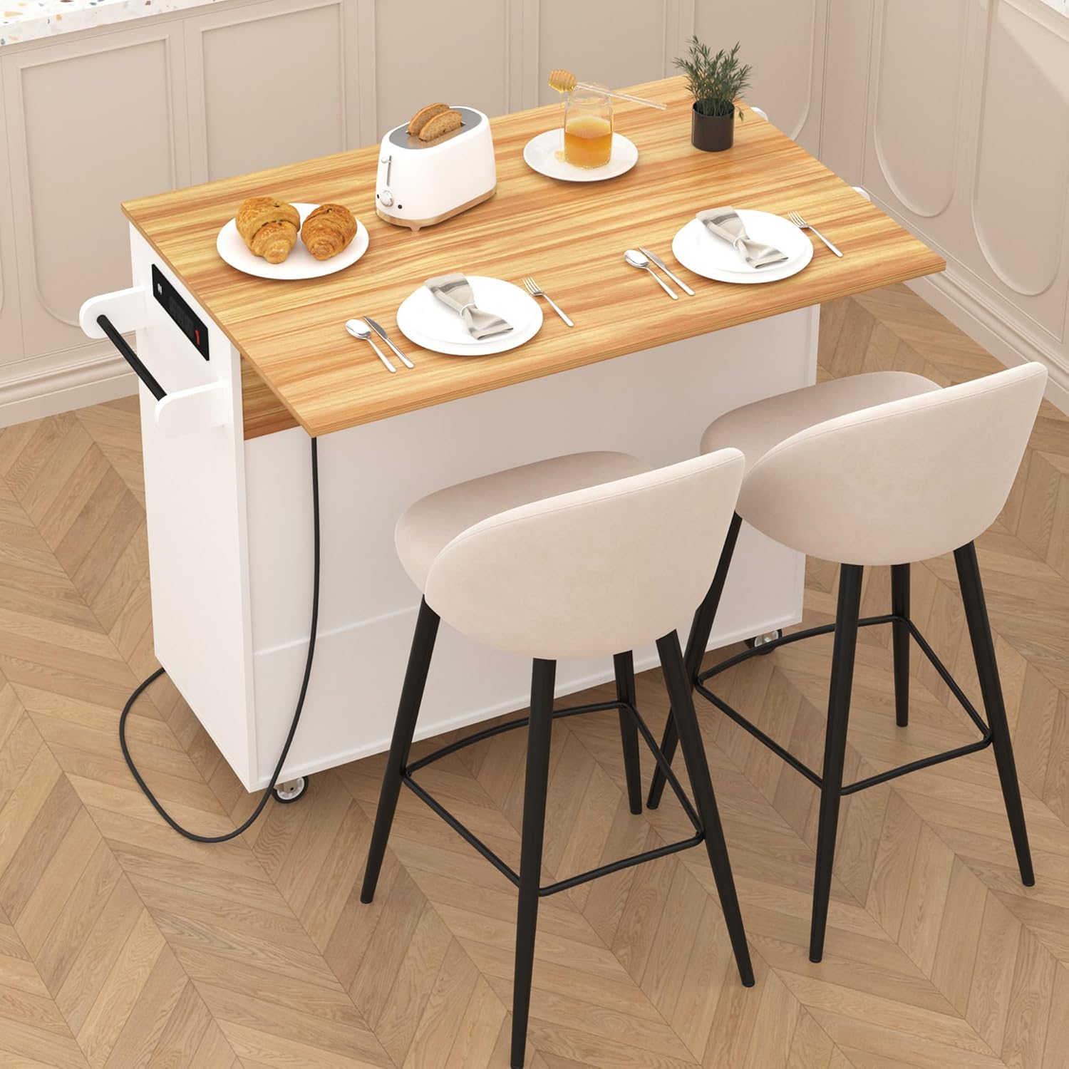 Kitchen Island On Wheels, Rolling Kitchen Islands Cart with Drop Leaf Countertop, Modern Islands cart with Power Outlets,Door Storage Cabinet,Drawers