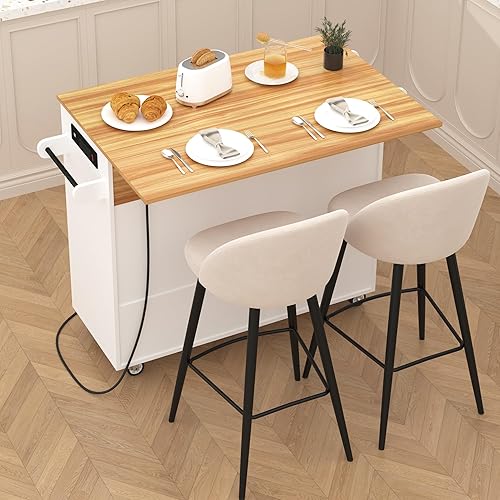 Miniatura 6 de Isla de cocina sobre ruedas, carrito de isla de cocina rodante con encimera de hojas caídas, carrito de islas modernas con tomas de corriente,