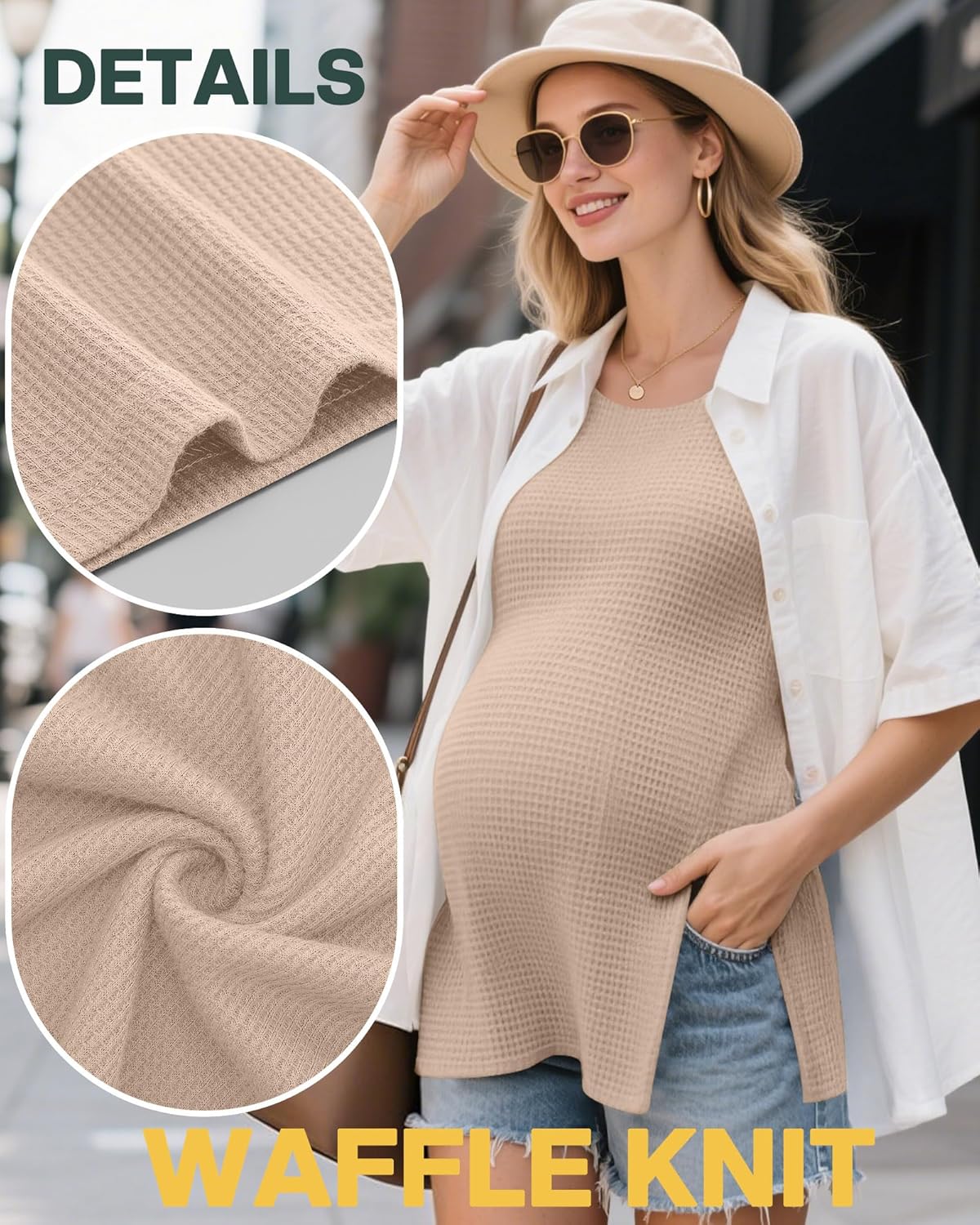 Neer 3 Pack Women's Waffle Maternity Shirts, Drop Shoulder Short Sleeve Split Side Pregnancy Tops Crewneck Loose Basic Tee - Image 4