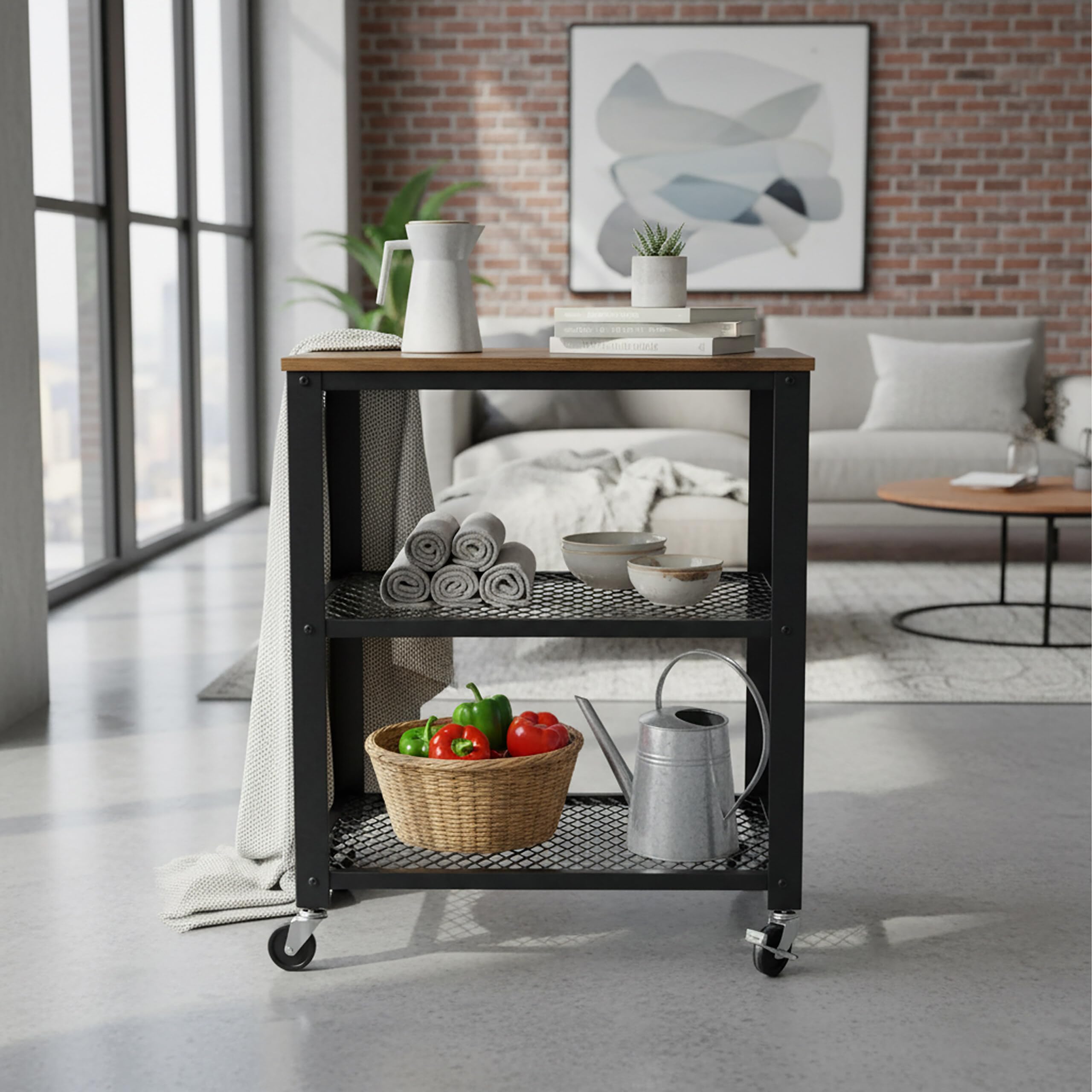 Relaxdays Desserte 3 Niveaux Aspect Bois à roulettes, Cuisine/Maison/Bureau, H×L×P 77,5×60×40 cm métal Brun-Noir