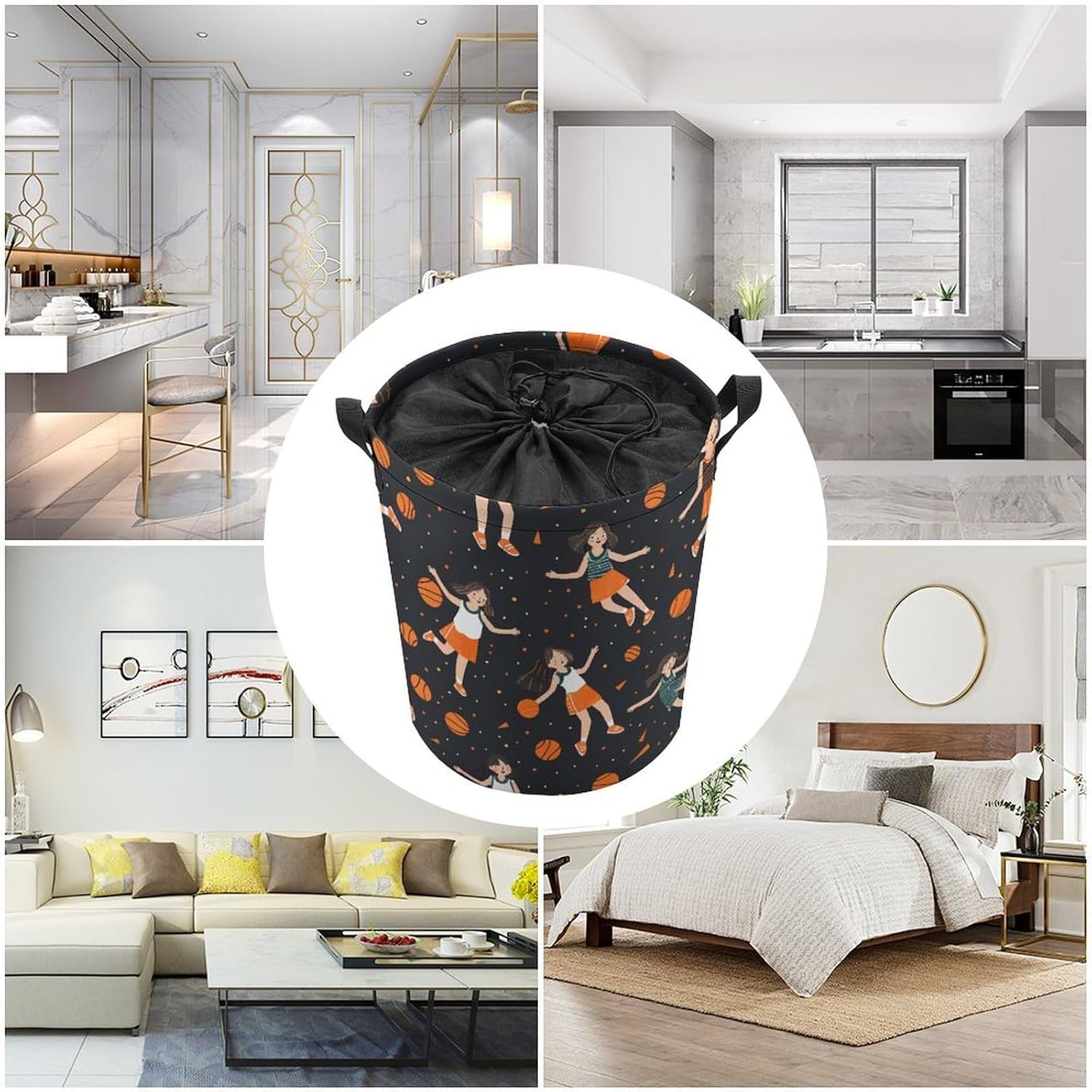 Basketball Girl Pattern Laundry Bag Large Collapsible Laundry Baskets Freestanding Waterproof Clothes Hamper with Handles & Drawstring for Laundry Room Bedroom Bathroom