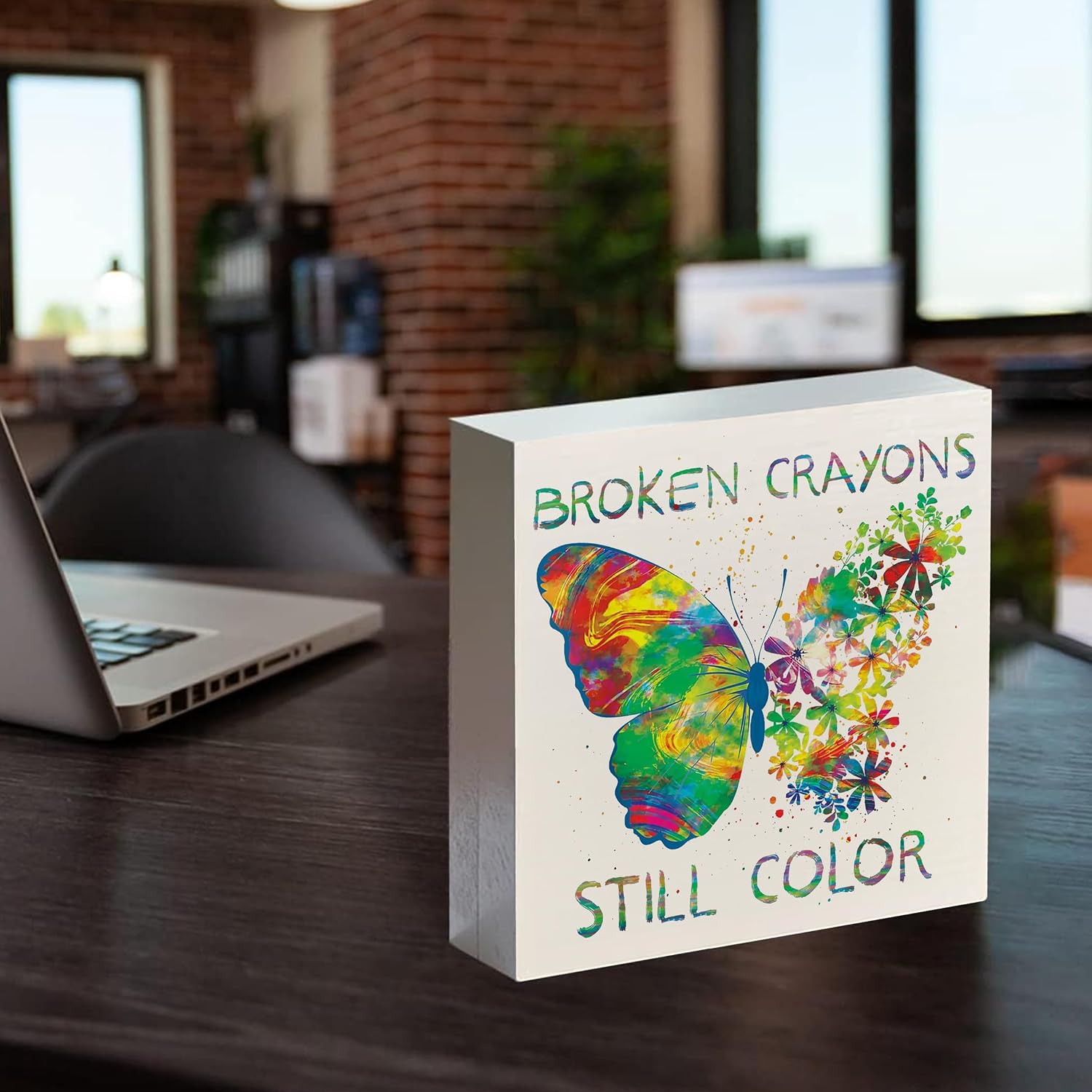 Inspirational Butterfly Wooden Sign - Butterfly Desk Decor, Motivational Gifts for Women Friends, Broken Crayons Still Color Wooden Box Sign for Office Tabletop Shelf Decor 5x5 Inch image 4