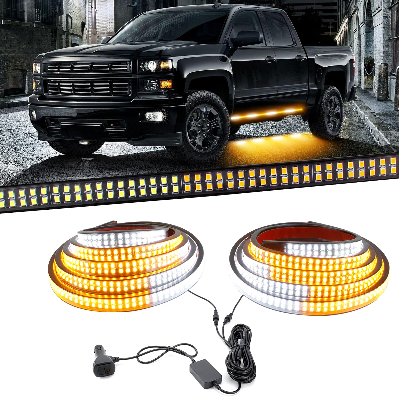 Luz LED 2 en 1 para Estribo de 70 Pulgadas, Tiras de luz estroboscópica de Emergencia, Barra de luz estroboscópica LED ámbar y Blanca, 1152 LED, Impermeable, luz estroboscópica de Seguridad
