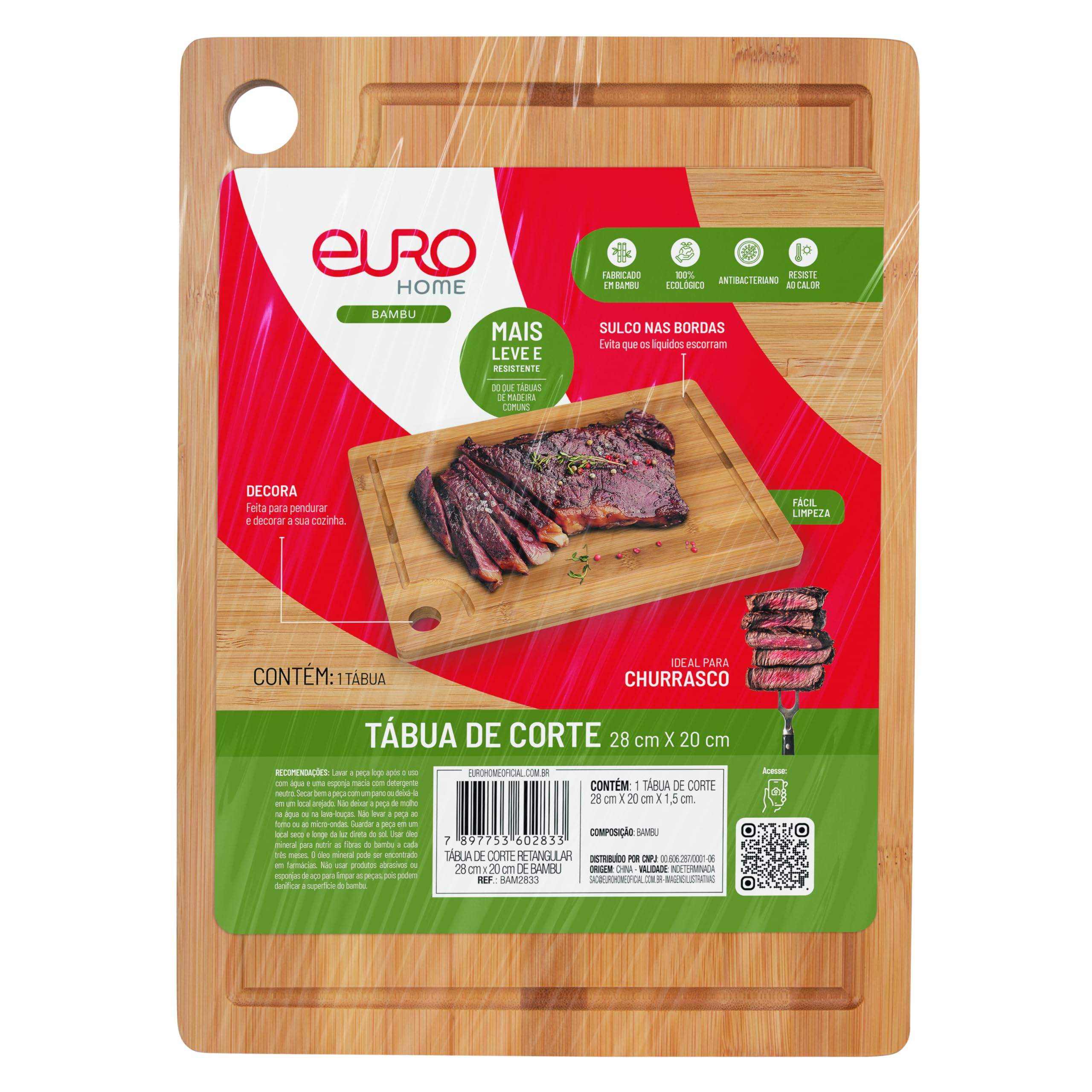 Euro Home - Tábua de Corte Retangular Bambu 28 cm X 20 cm - BAM2833