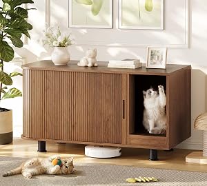 Welzona Cat Litter Box Enclosure, 38.6" Hidden Litter Box Furniture, Walnut | More Privacy & Dog-Proof, Pull-out Litter Collector & Adjustable Legs, Odor Control, Cat House, Sideboard, TV Stand