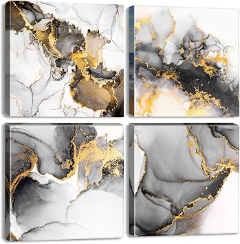 Abstract Black and Gold Wall Art Marble Artwork for Walls Ink Texture Painting Canvas Prints Framed Living Room Bathroom Decor Watercolor Fluid Lines Pictures Bedroom Office Home Decorations 12x12  4P