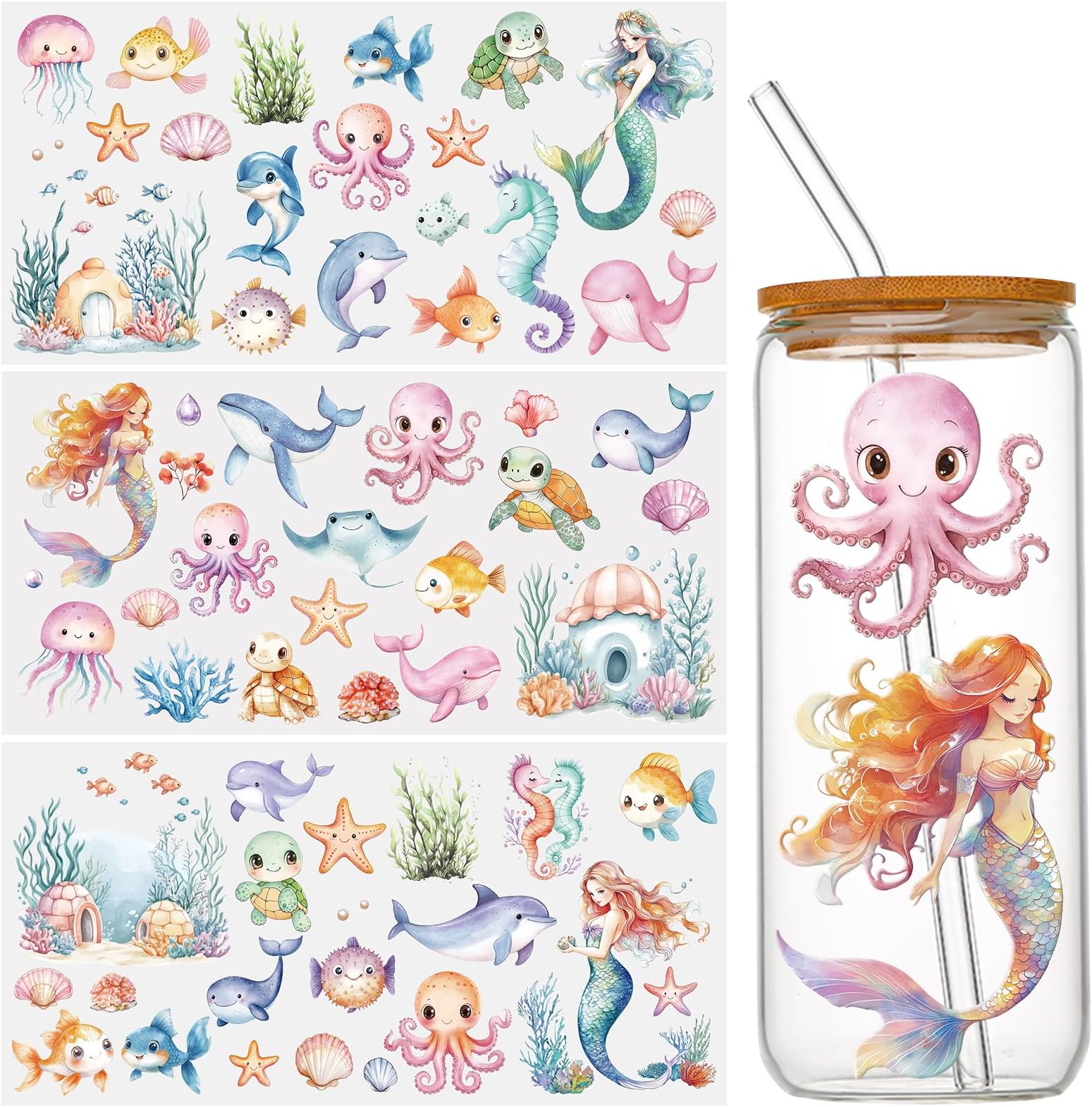 WANDIC 3 Sheets UV DTF Cup Warp Rub on Transfer Stickers, Cartoon Ocean Theme 3D Waterproof Decals for DIY Furniture Glass Bottle Crafts,15 * 30cm