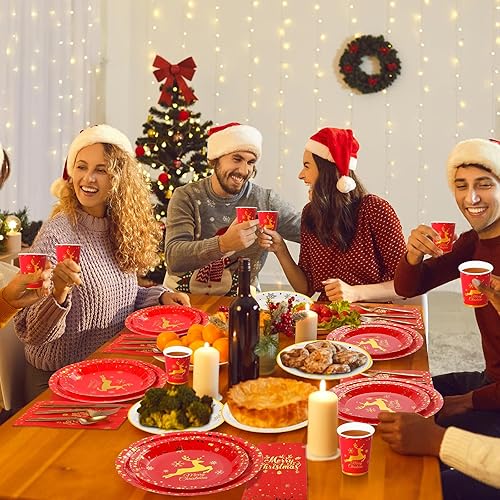 Miniatura 6 de Juego de 175 platos y servilletas de papel de Feliz Navidad, vajilla desechable para fiesta de Navidad, puntos de aluminio, platos de Navidad,